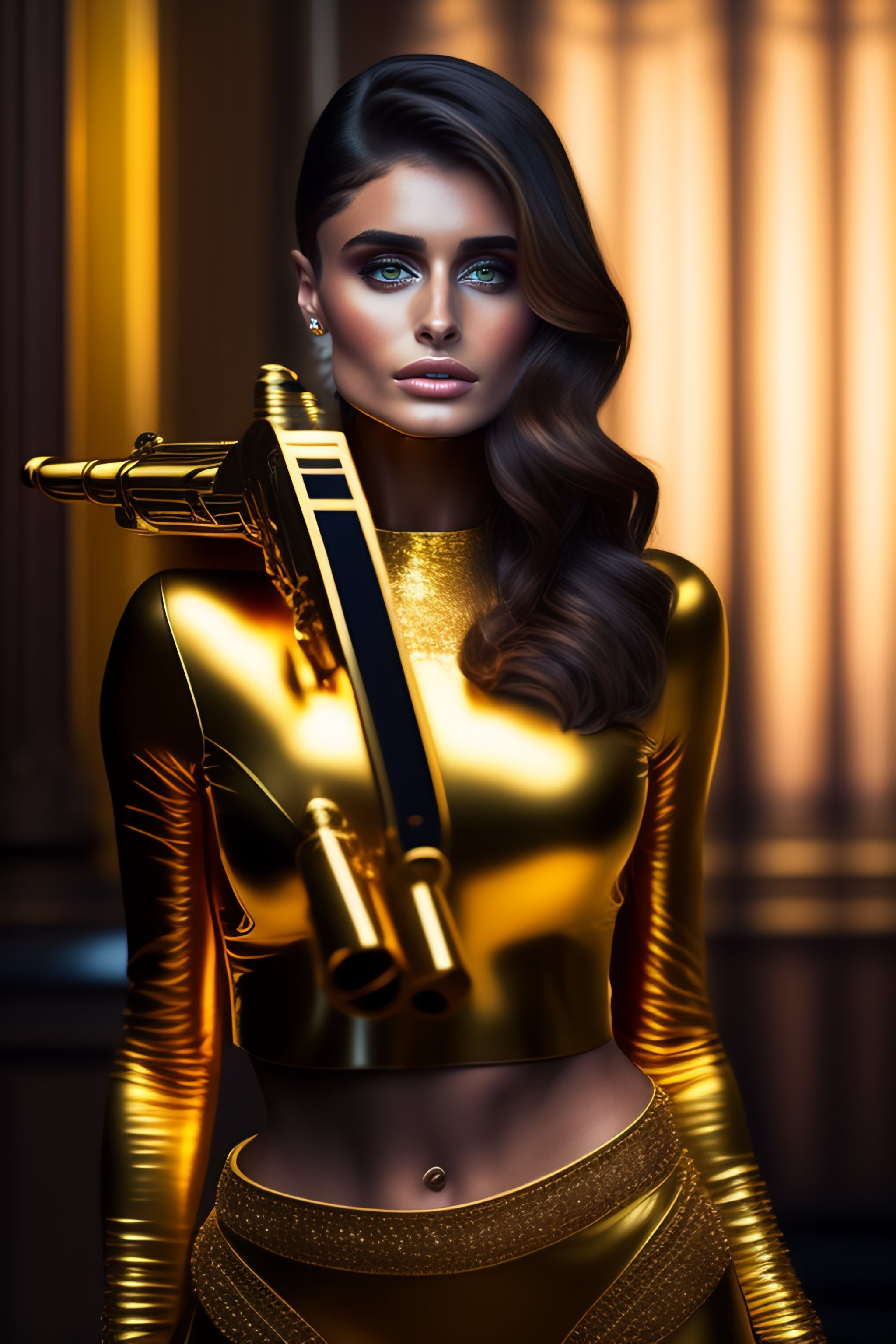 Lexica - taylor hill with a golden gun in her hands
