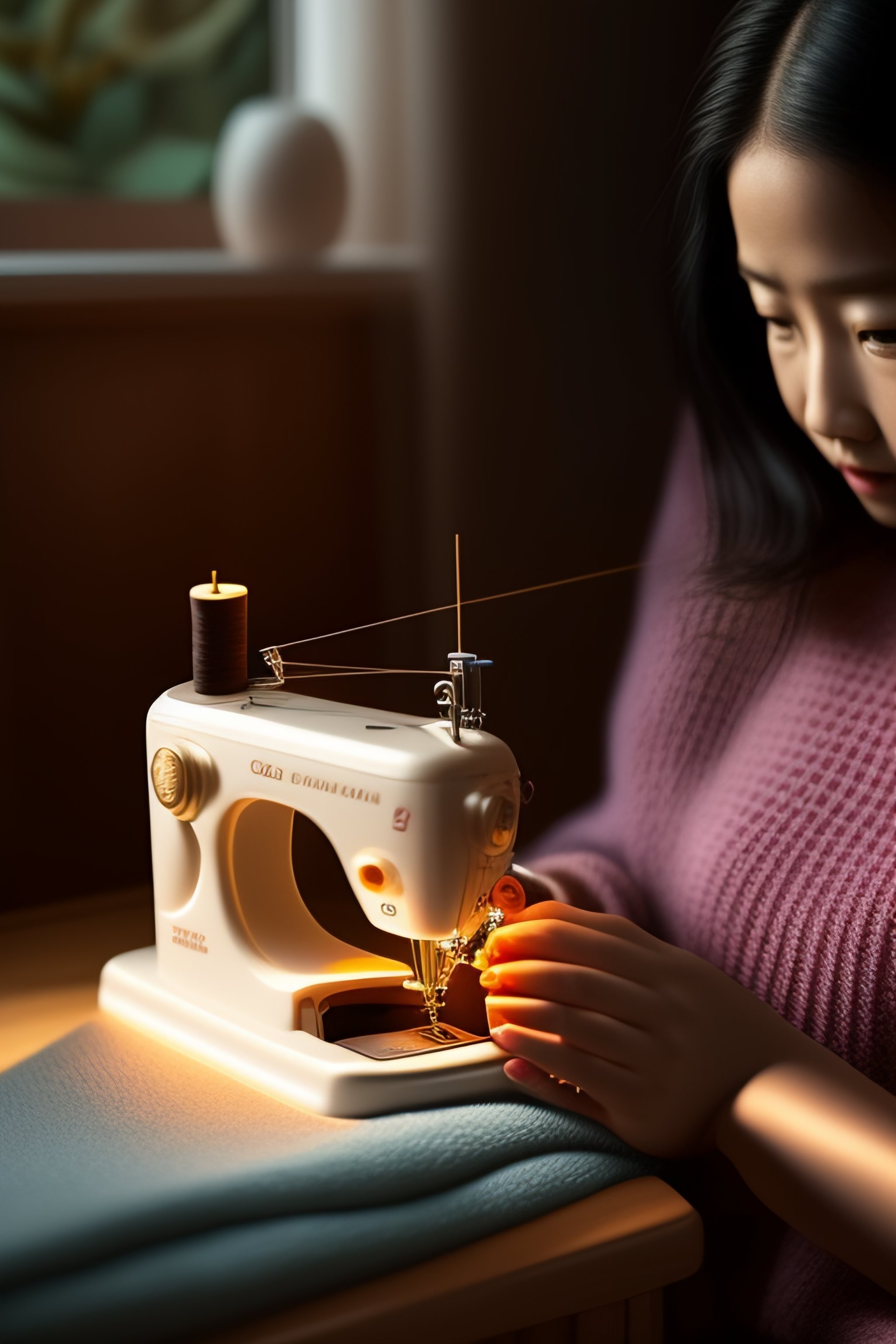 Lexica - A woman in the room is sitting and sewing a doll