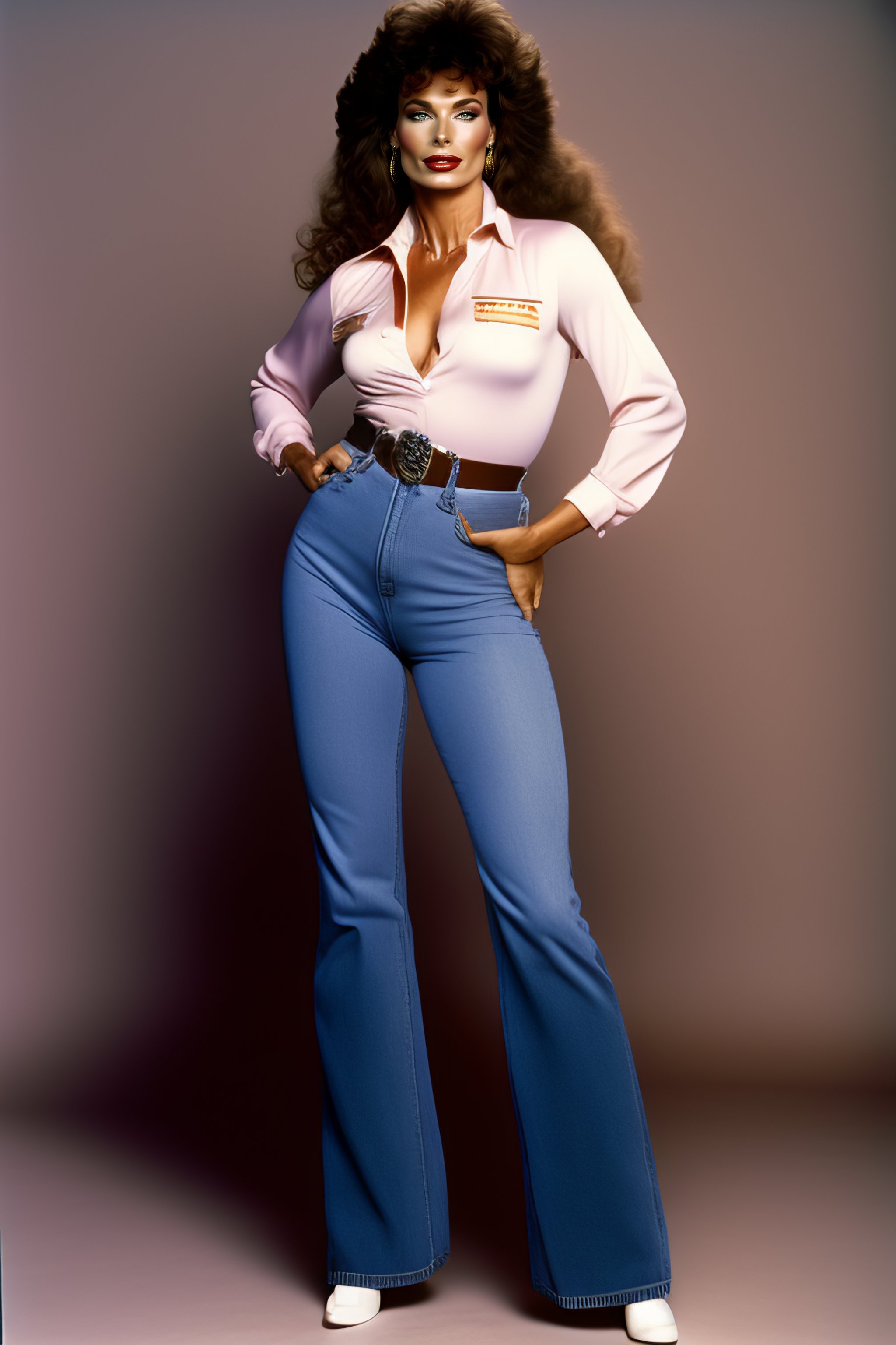 Lexica - Kelly lebrock, 1980 catalog, athletic body,pretty face big lips,  mom jeans, straight thick hair, studio shoot plain background