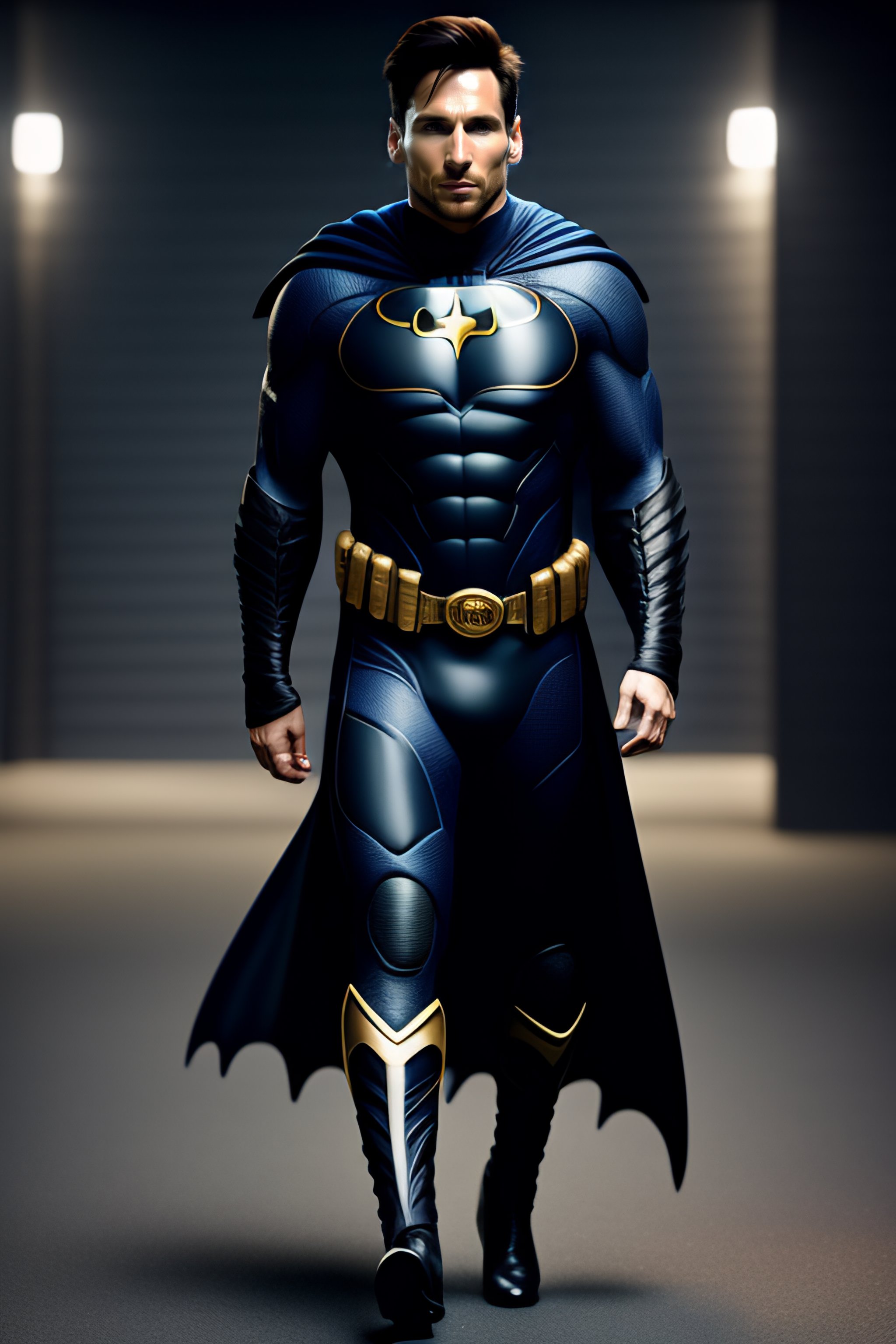 Lexica - Leo Messi as bruce wayne with batsuit in batman movie, full body