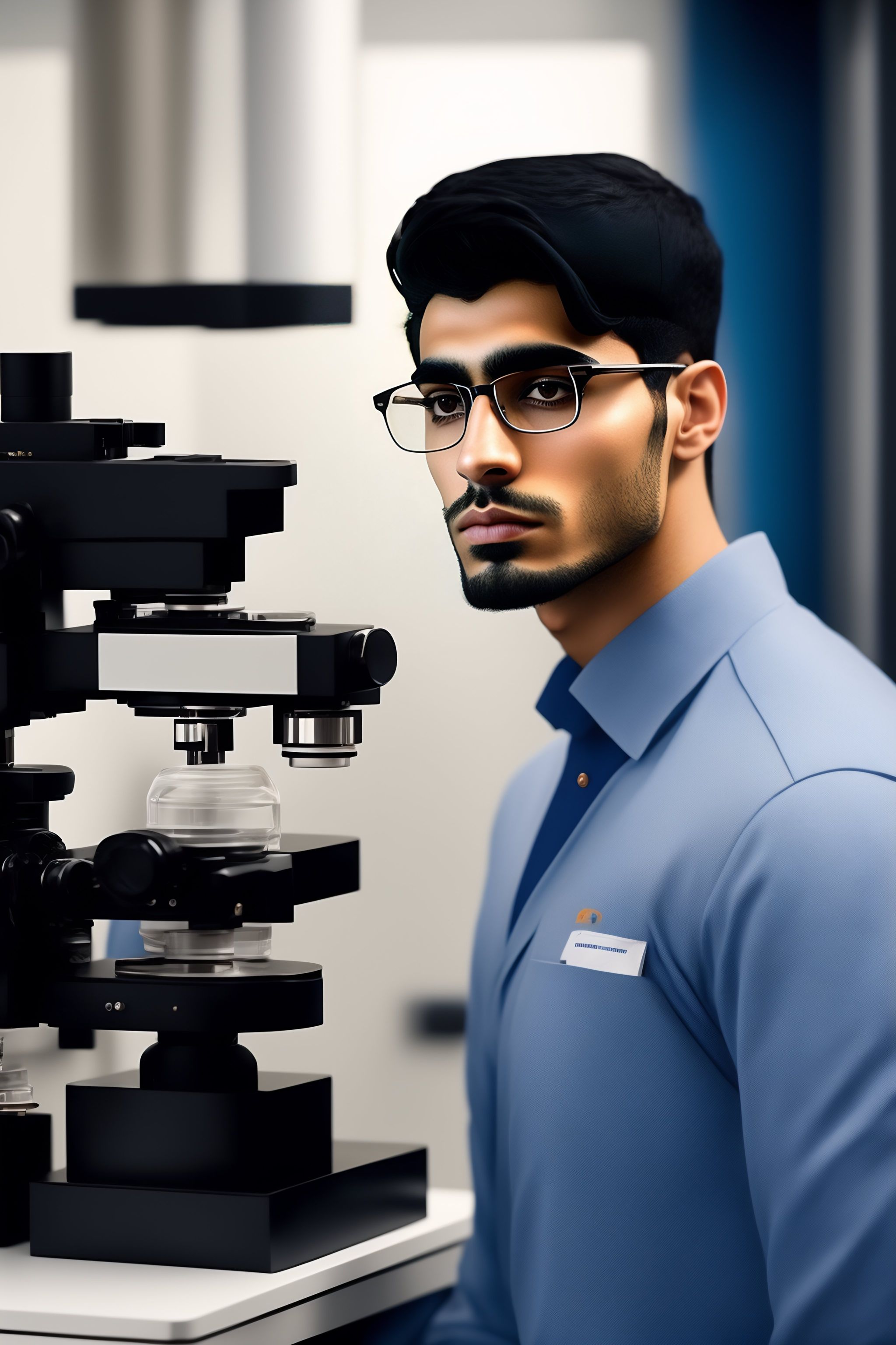 Lexica - Natural full body photo of shapely Handsome arab 20 years old man  scientist with short black hair, short beard and glasses, at MIT lab,  look...