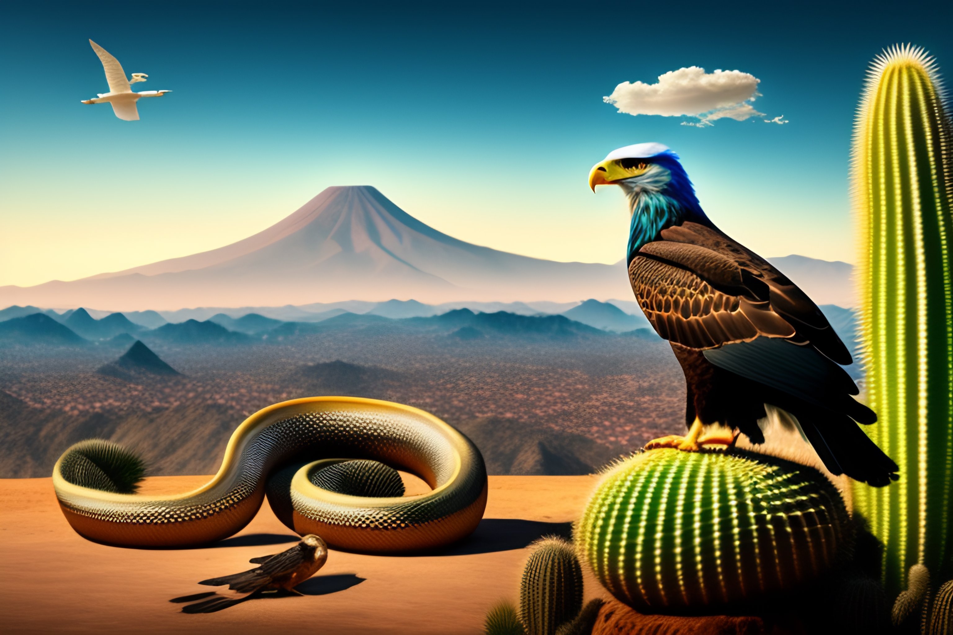 Lexica - Eagle eats snake under a cactus. in the background there is ...