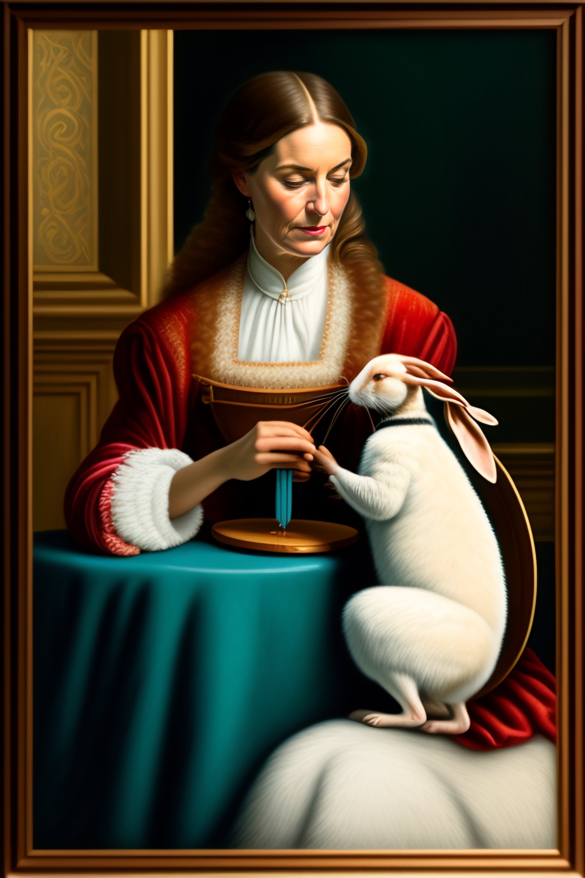 Lexica - White woman sitting sewing a hare picasso style