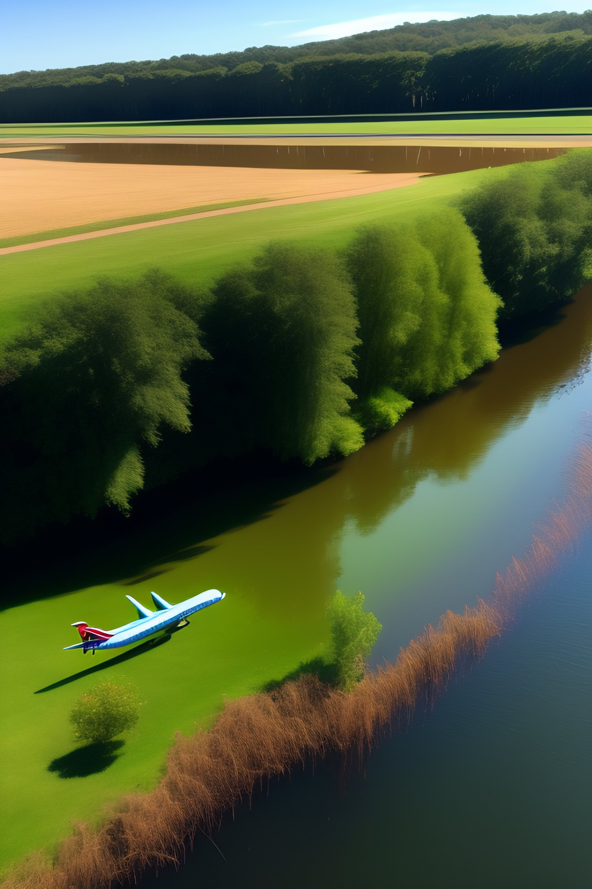 Lexica - A plane has fallen down on the river. the grass is up.