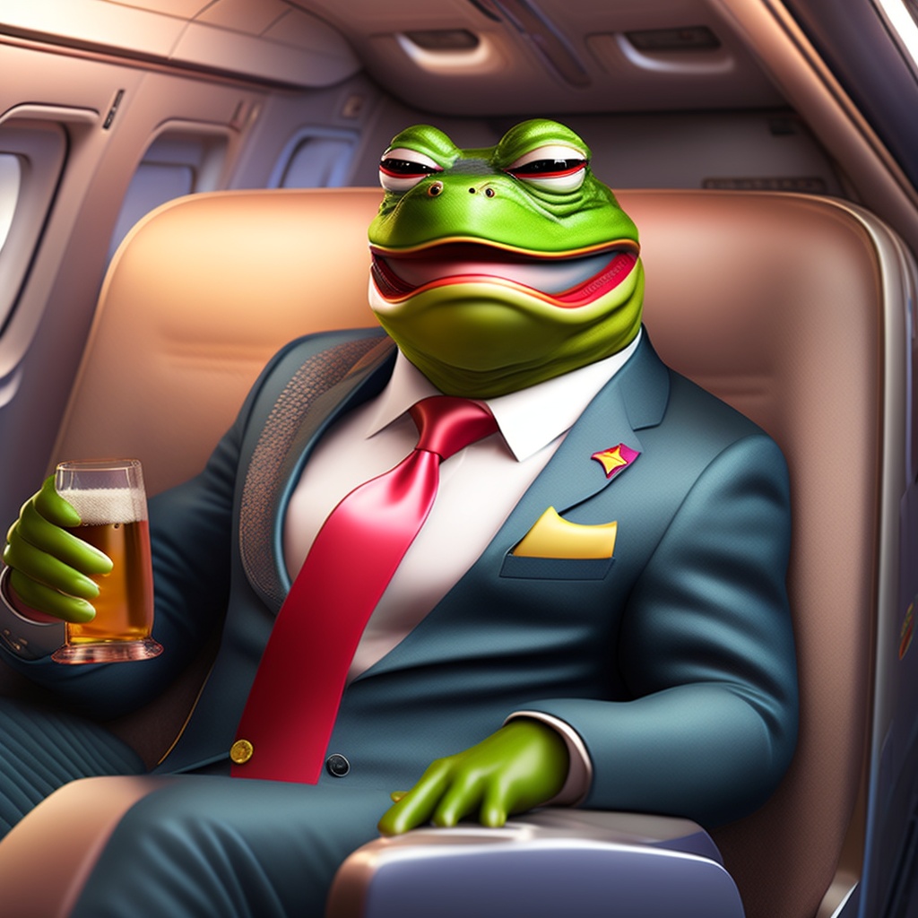 Lexica Pepe the frog meme in business class, sipping champaign, very