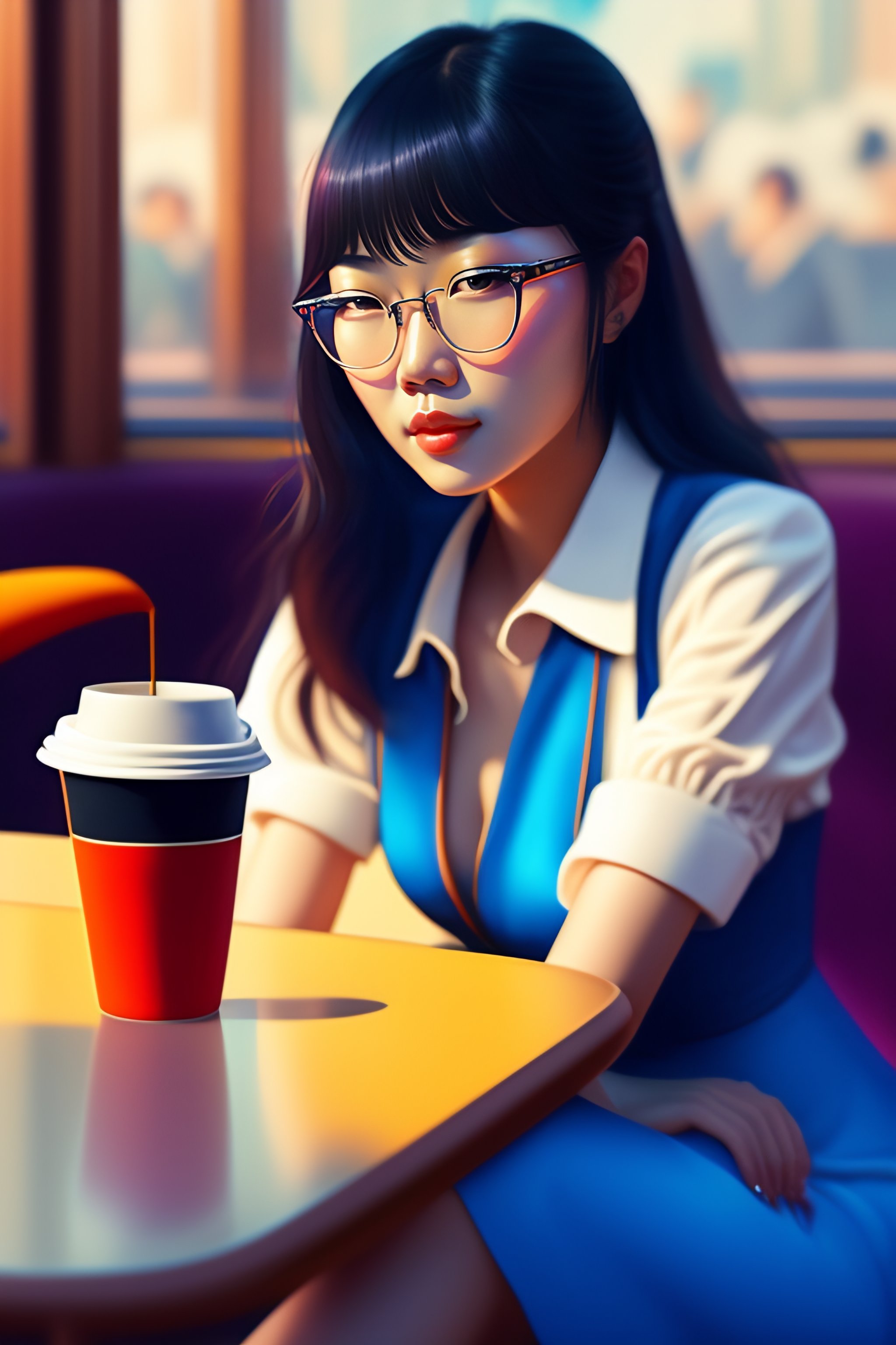 Lexica - Cute asian girl in blue dress black hair black wayfarer glasses  sitting psychedelic patterns inside cafe holding cup of coffee iphone on  tab...