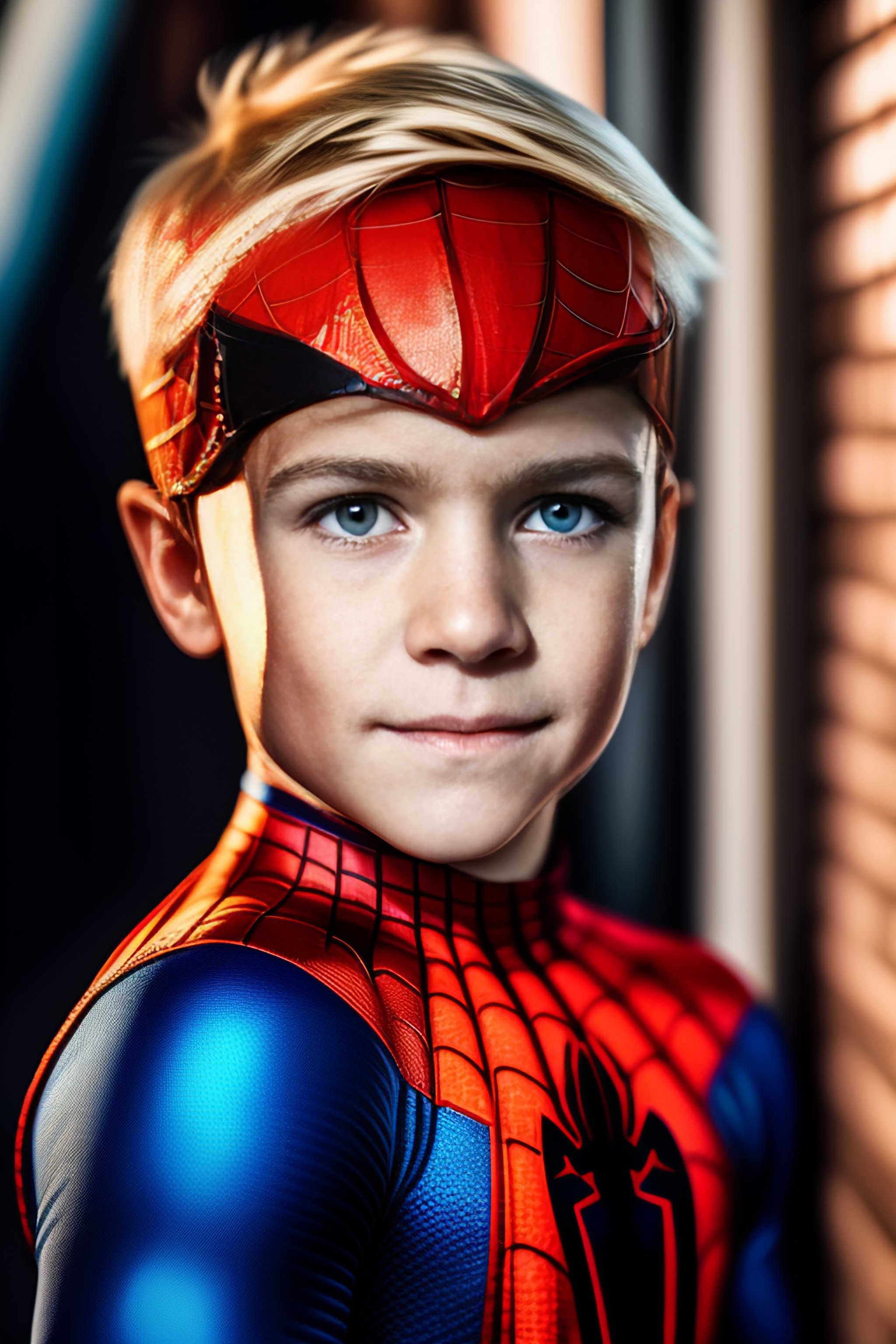 Lexica - A portrait of a young blond boy as spiderman, photo, 35mm ...