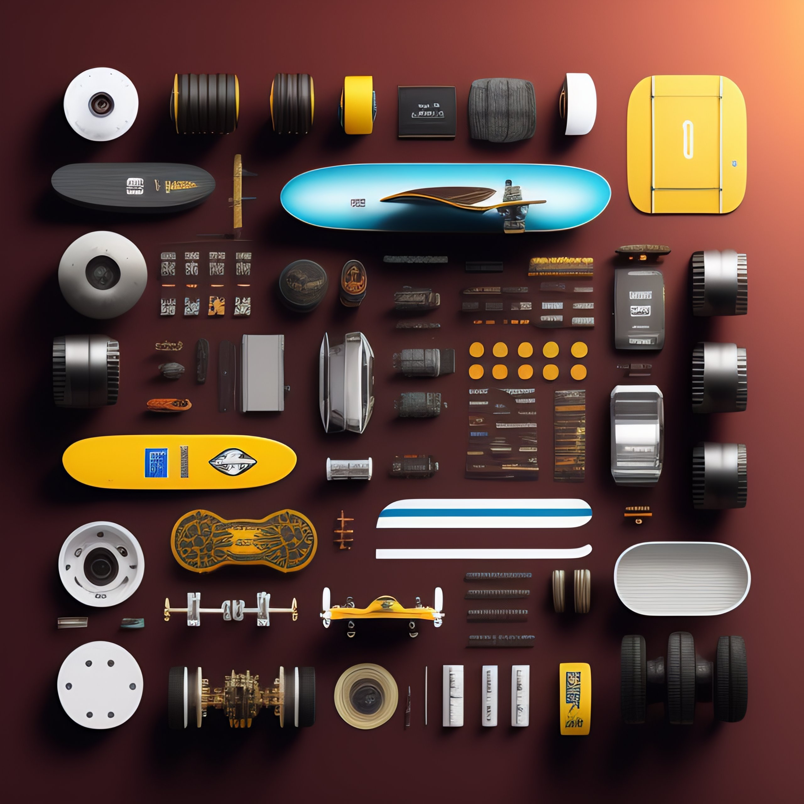 Lexica Skateboard parts, Knolling, Knolling layout, Deconstruction