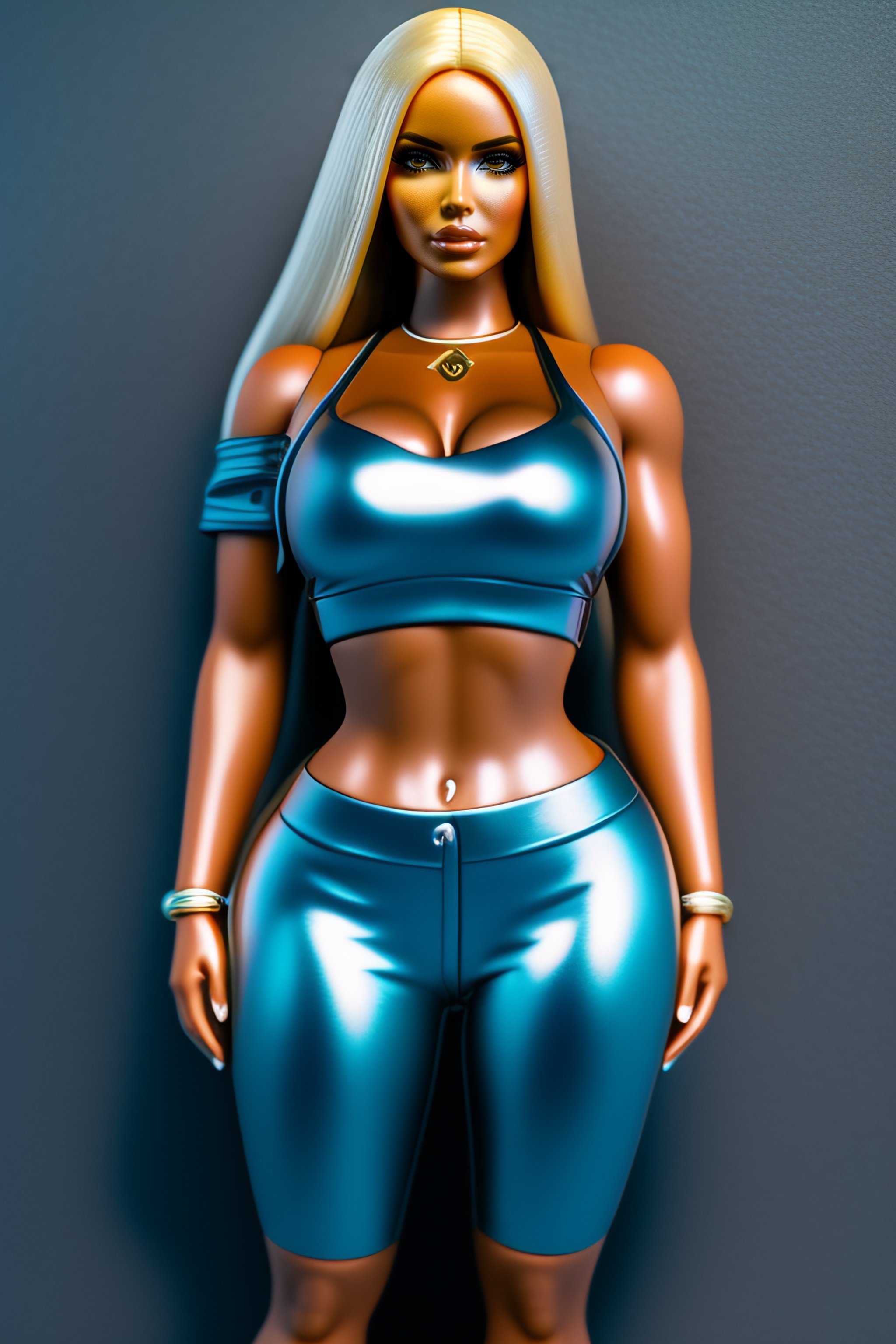 Lexica - Kim Kardashian in a shiny lycra gym outfit. Shiny lycra shorts.  Medium length straight shiny bob. Pretty. Unrealistic body proportions.  Shop