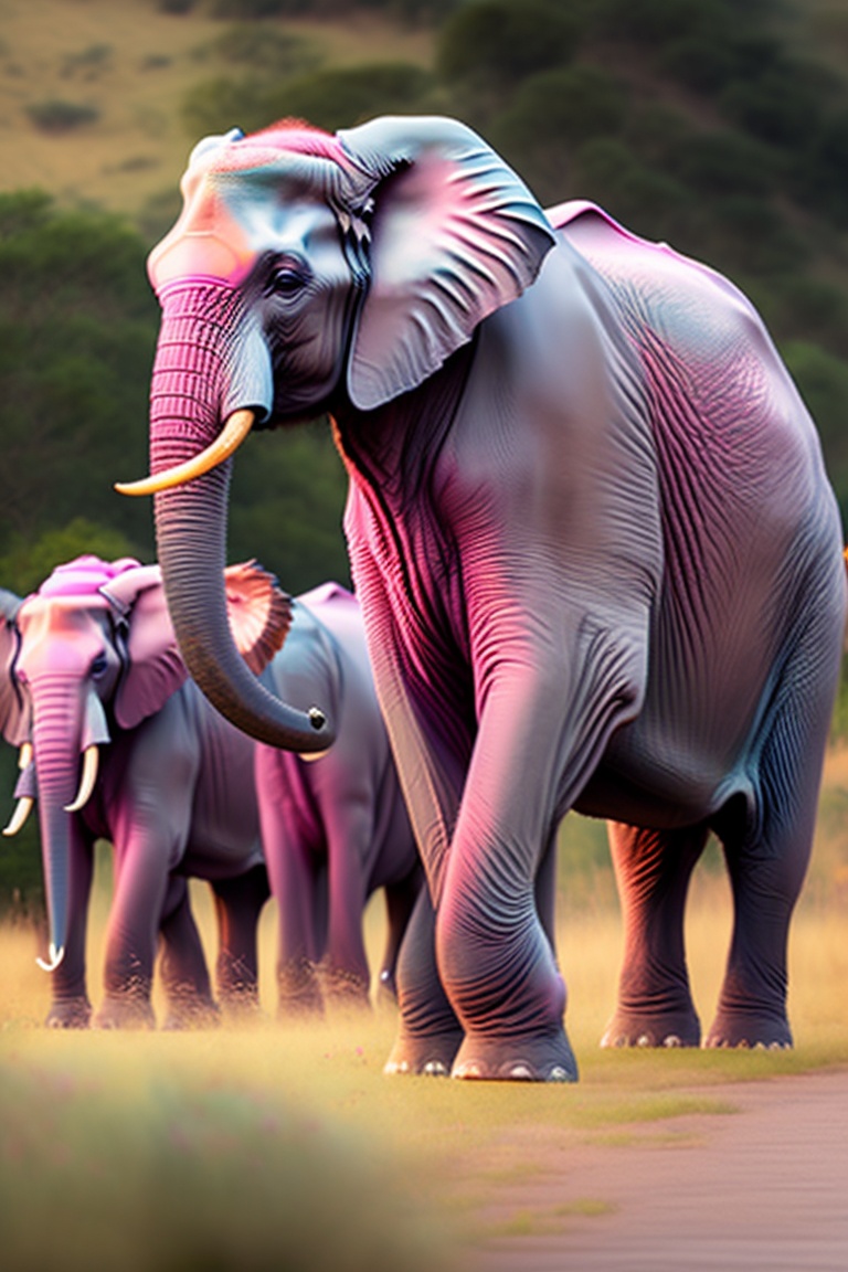 Lexica In the group of 5 gray color elephant, there is one pink baby