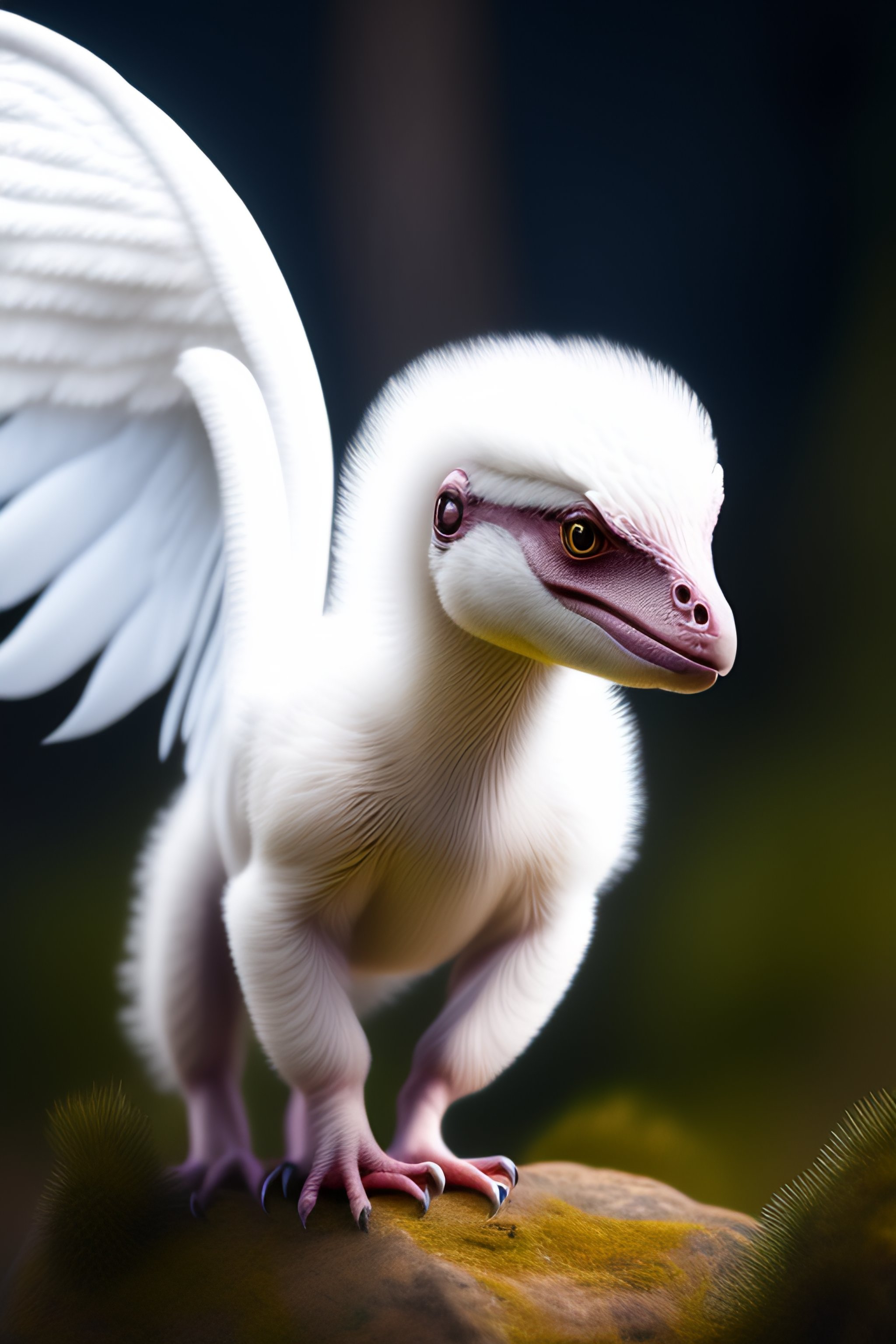 Lexica - White baby velociraptor with wings and white fur
