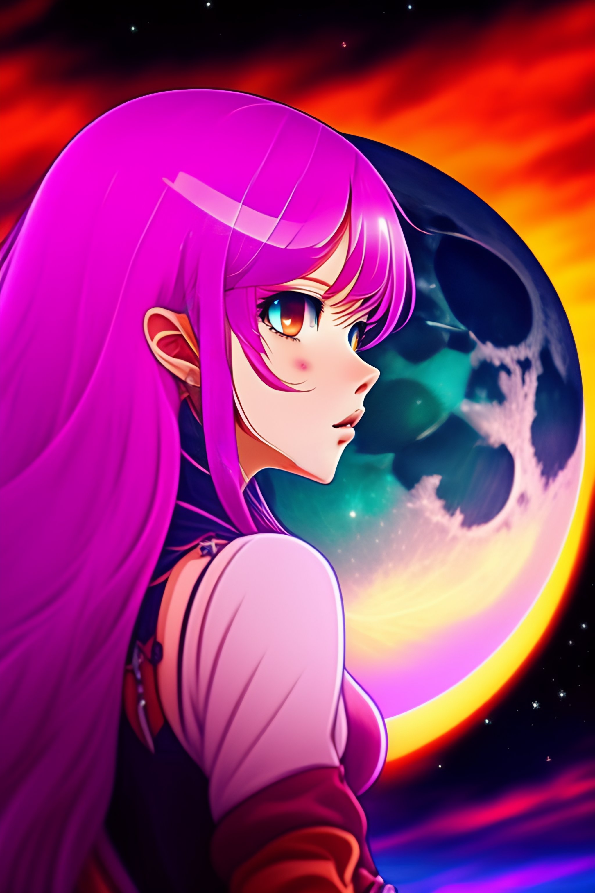 Lexica Full moon, pink moon, anime, anime girl, long hair, view in