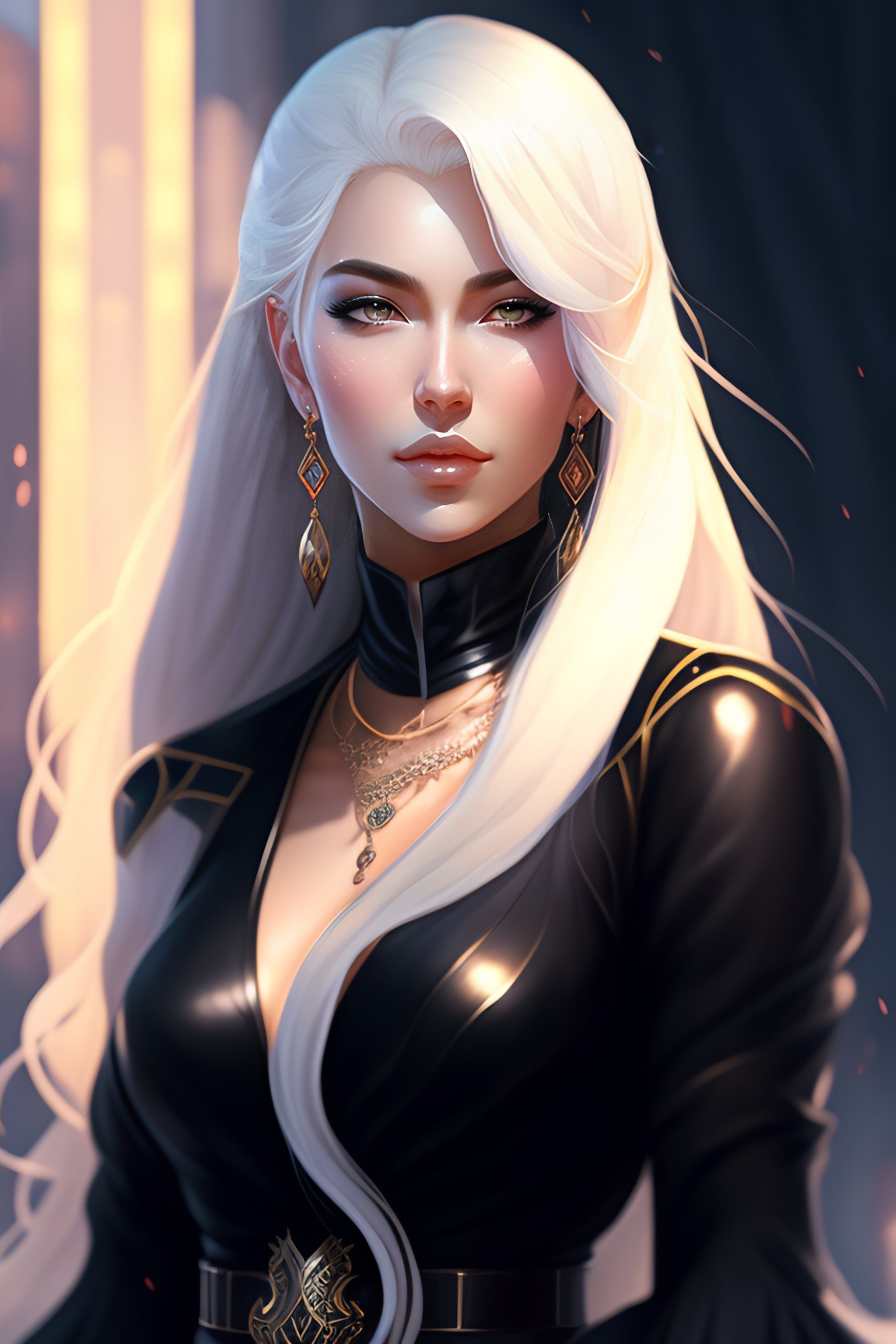 Lexica - Female with long detailed white hair, black dress with belt ...