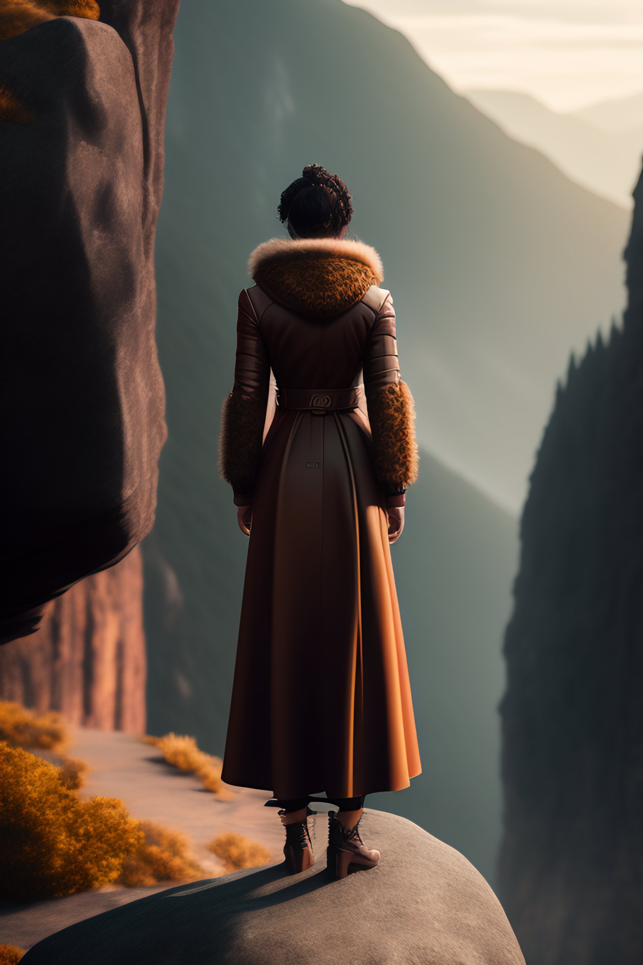 Lexica - A woman standing on top of a rock, above the viewer a photo by ...