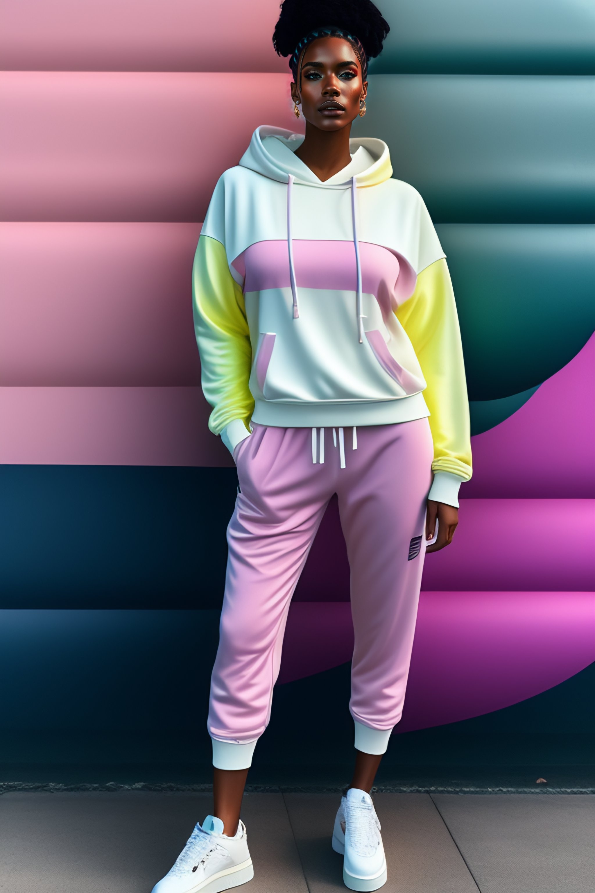 Lexica White woman fashion model wearing a pastel colors hoodie