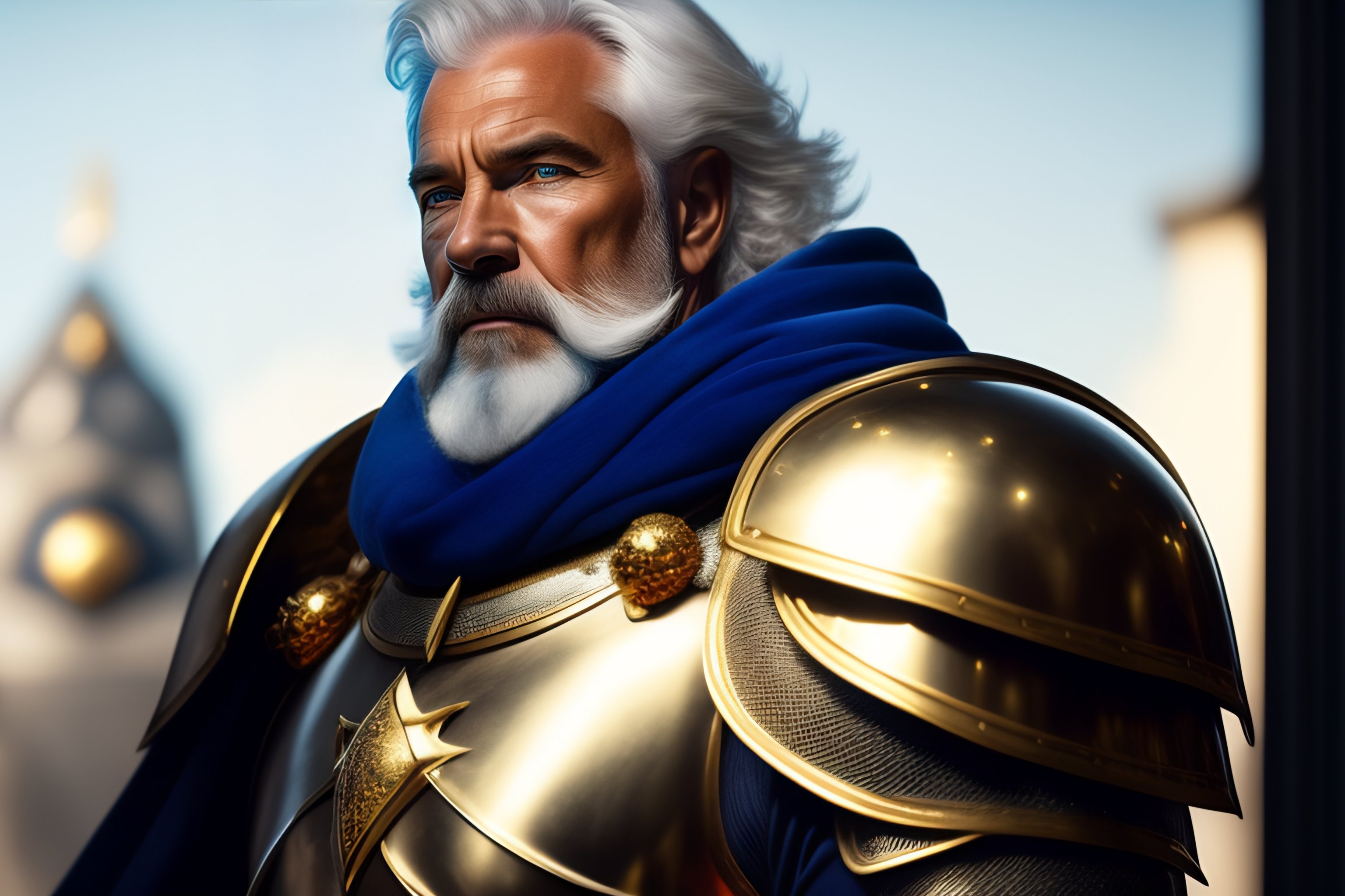 Lexica 60 year old male white human, white bearded, using a golden