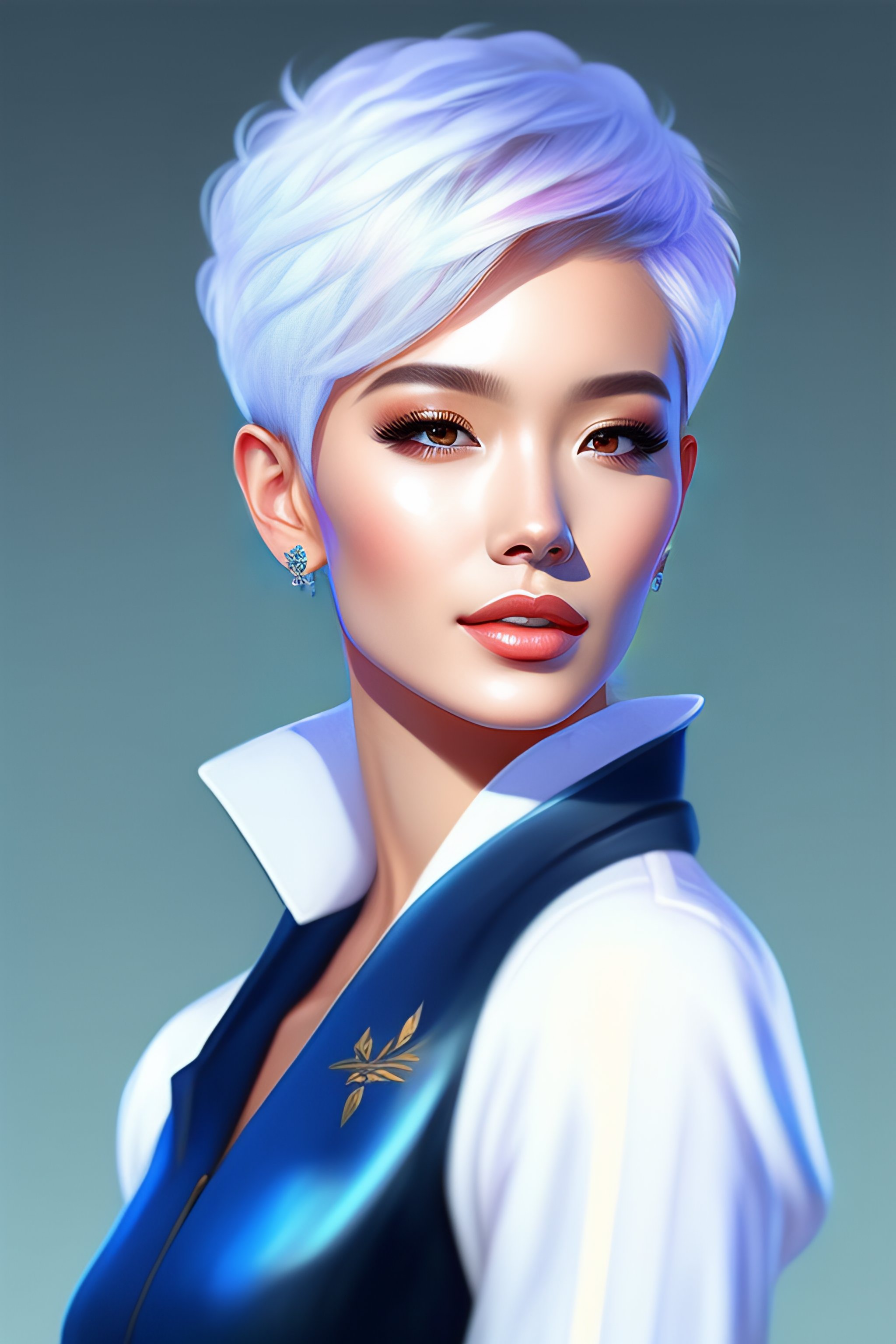 Lexica - White short pixie cut hair woman blue jacket Korean digital ...
