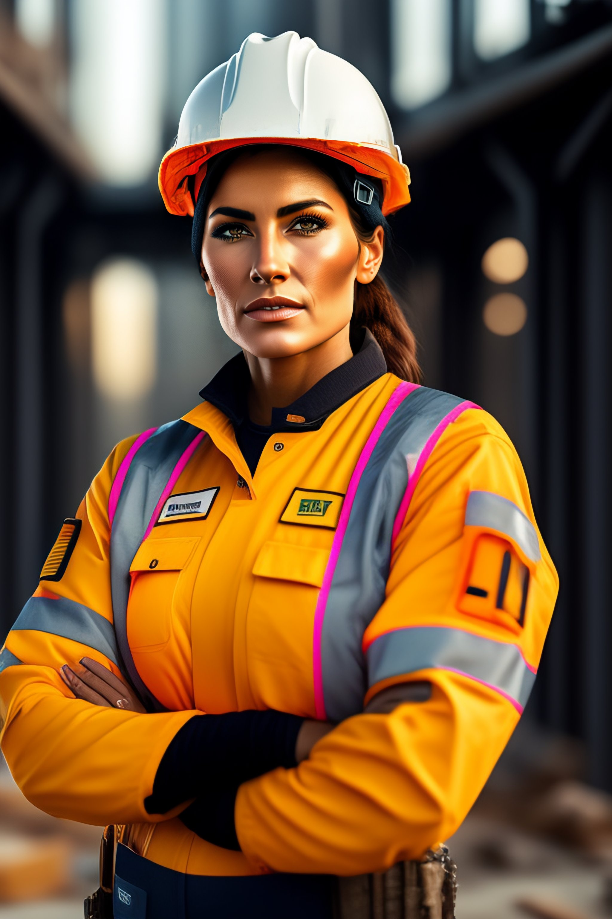 Lexica Highly detailed character portrait of a female arms crossed in a construction worker