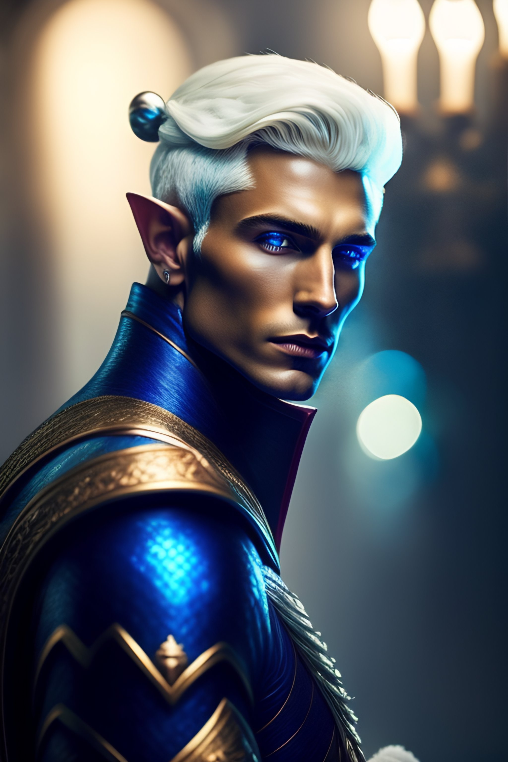 Lexica - Elf, blue skin, white hair, smoking, tall, handsome, rifle, epic