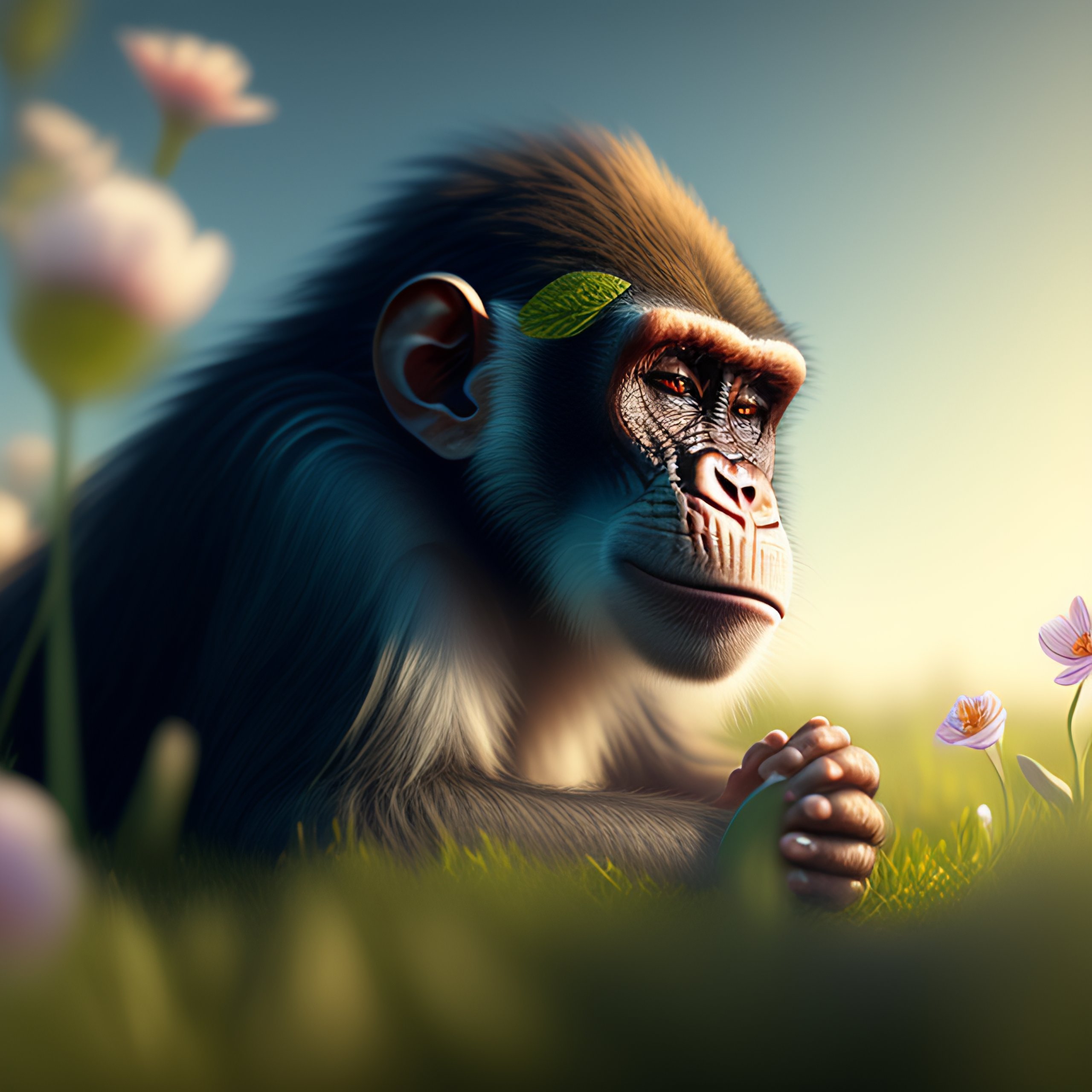 Lexica - Old monkey in meditation on a green meadow with flowers, ultra ...