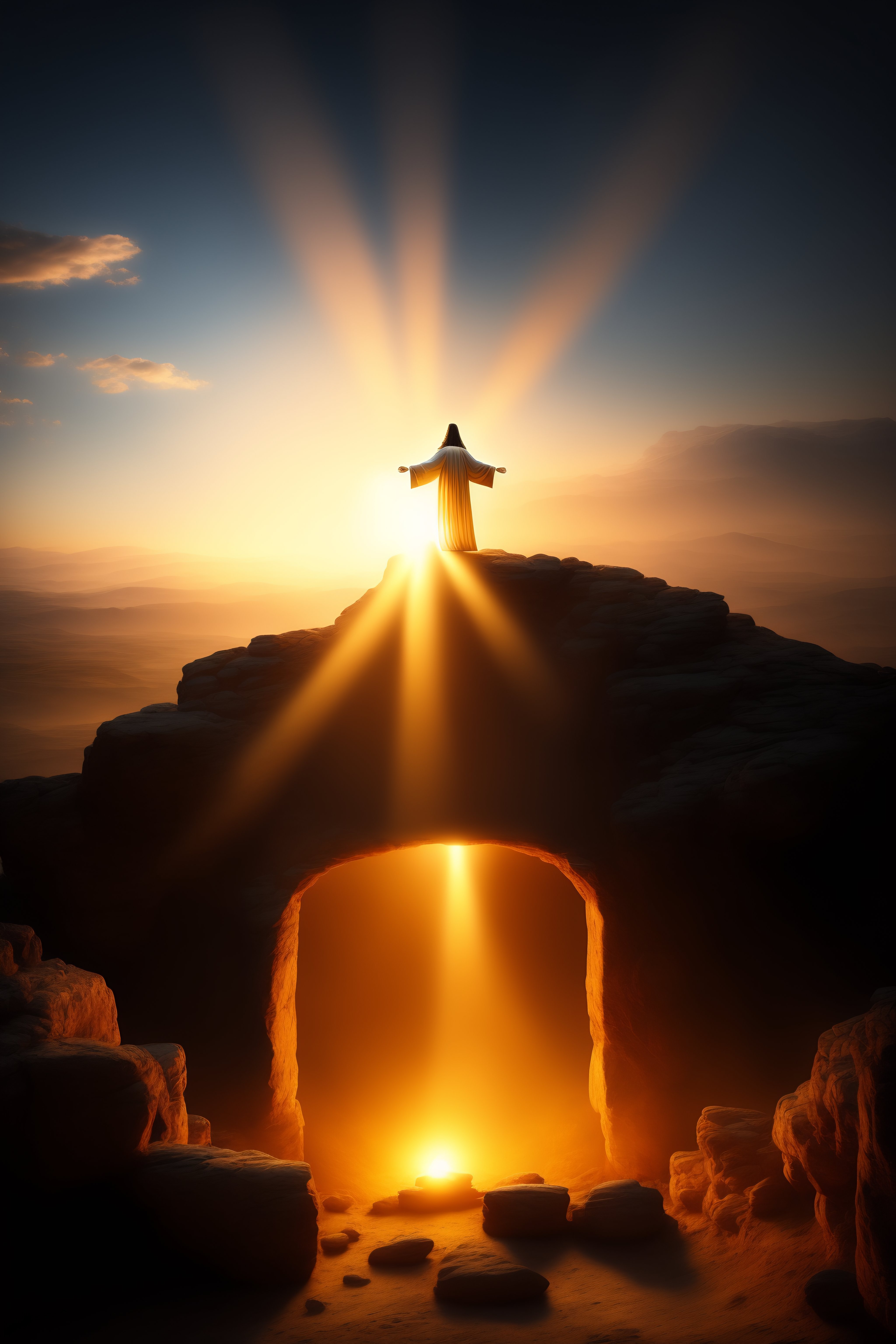 Lexica - Jesus resurrecting in the tomb, realistic, bright light, powerful