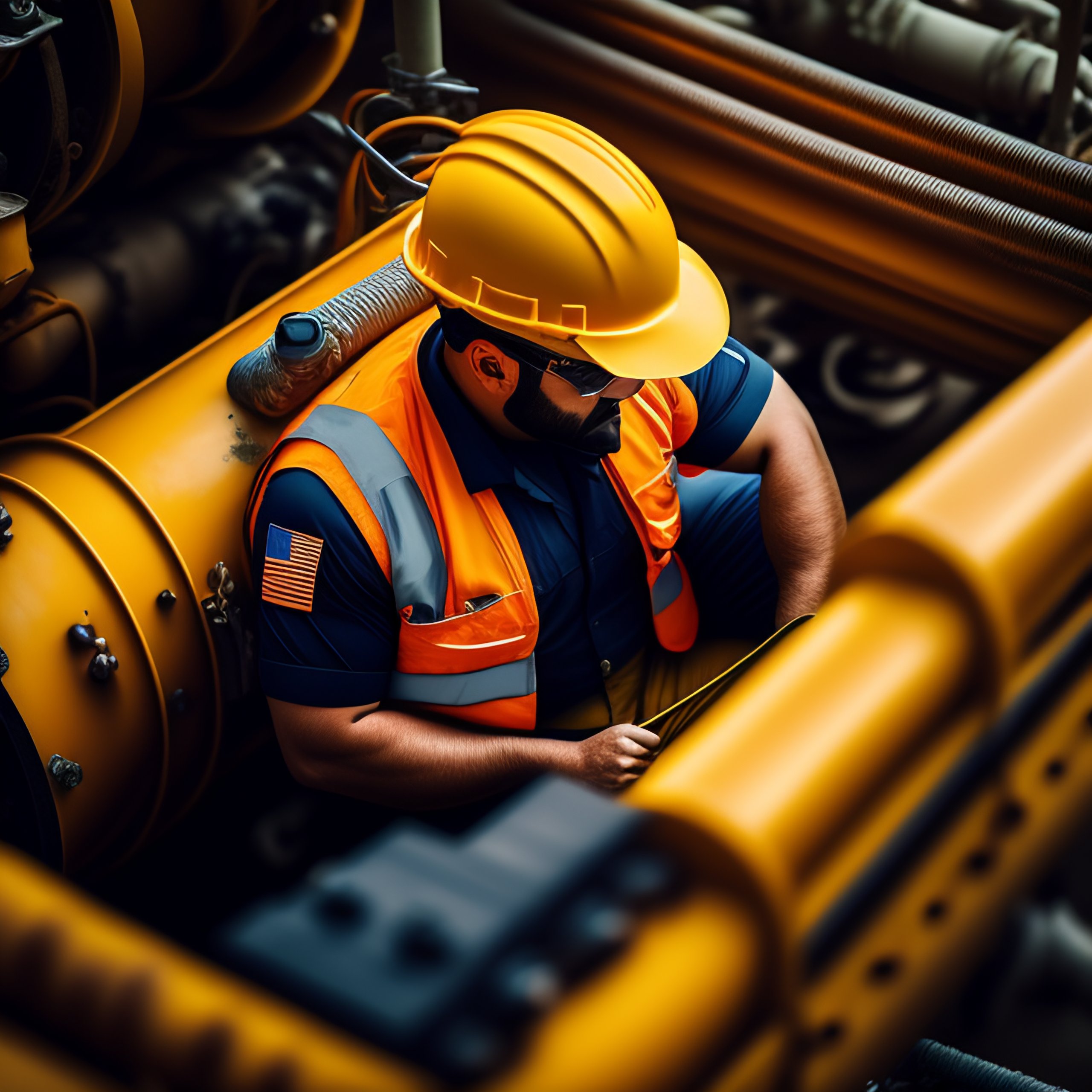 Lexica Sitting oil rig worker in a uniform with short sleeves