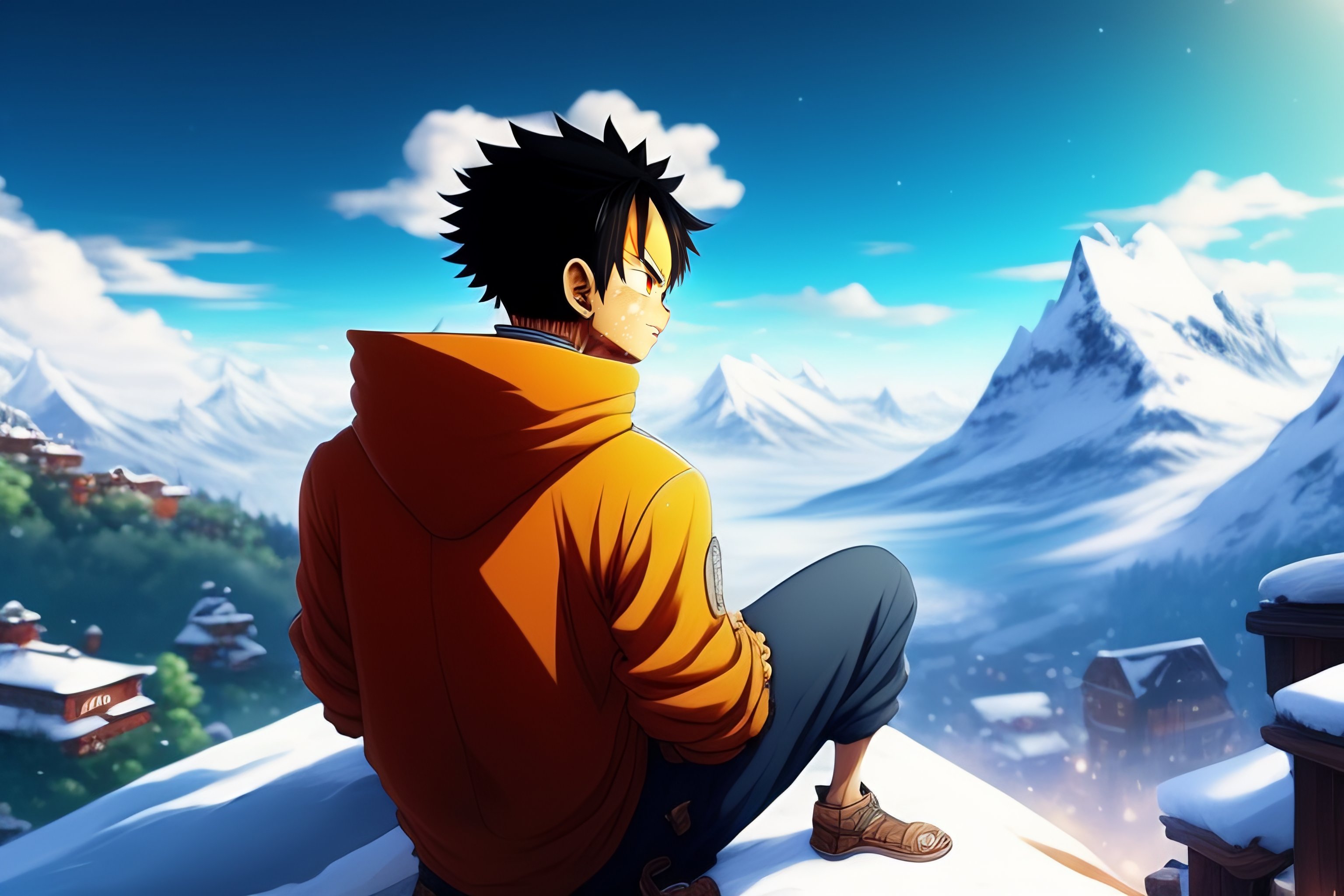 Lexica Luffy from one piece sitting on a roof looking up to the sky