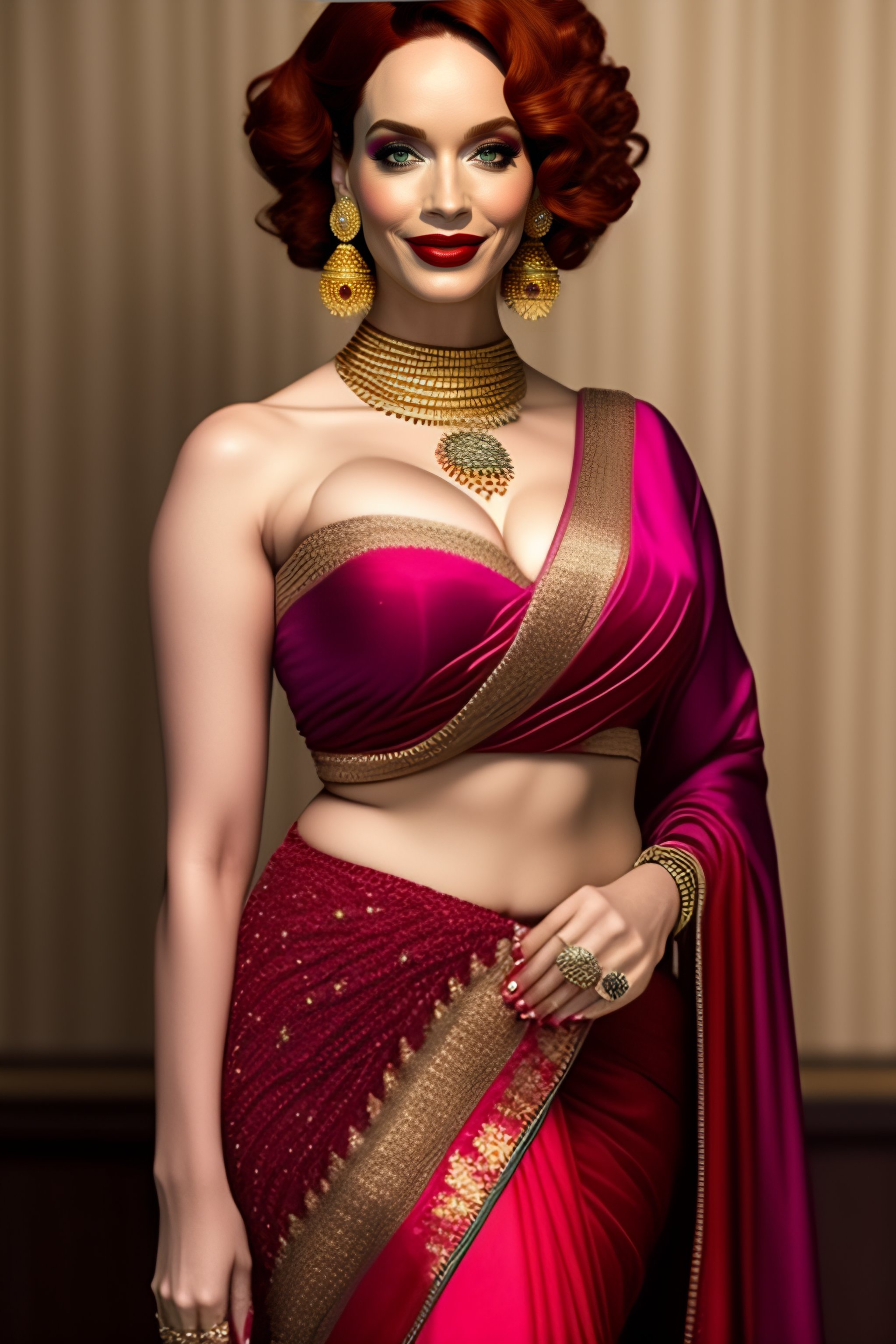 Lexica - Christina Hendricks in saree, Abdominal button, very tall, hour  glass waist , red lipstick,jewellery,posing, magazine cover, full body