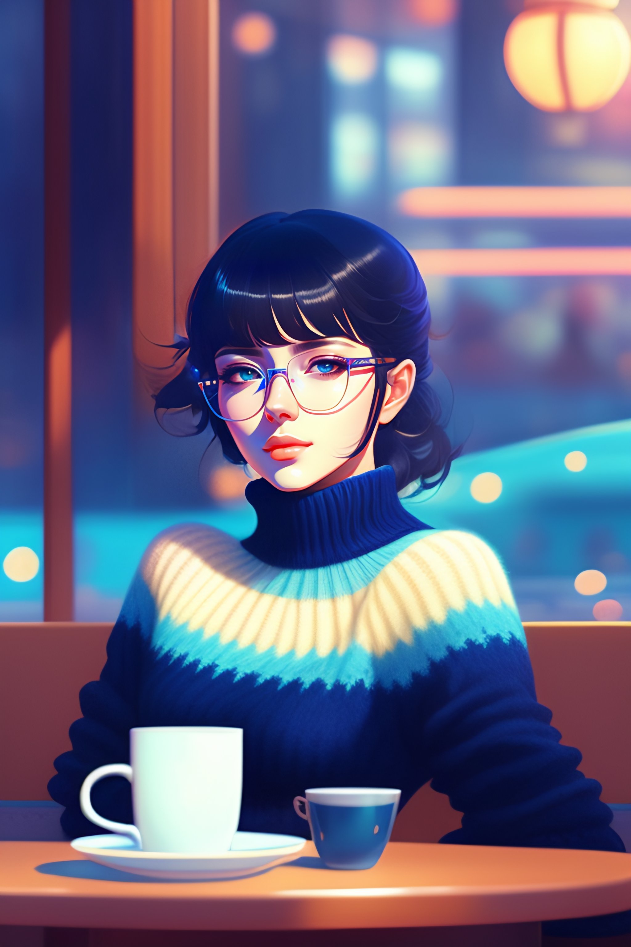 Lexica Cute Girl In Blue Sweater Black Hair Black Wayfarer Glasses Sitting Psychedelic