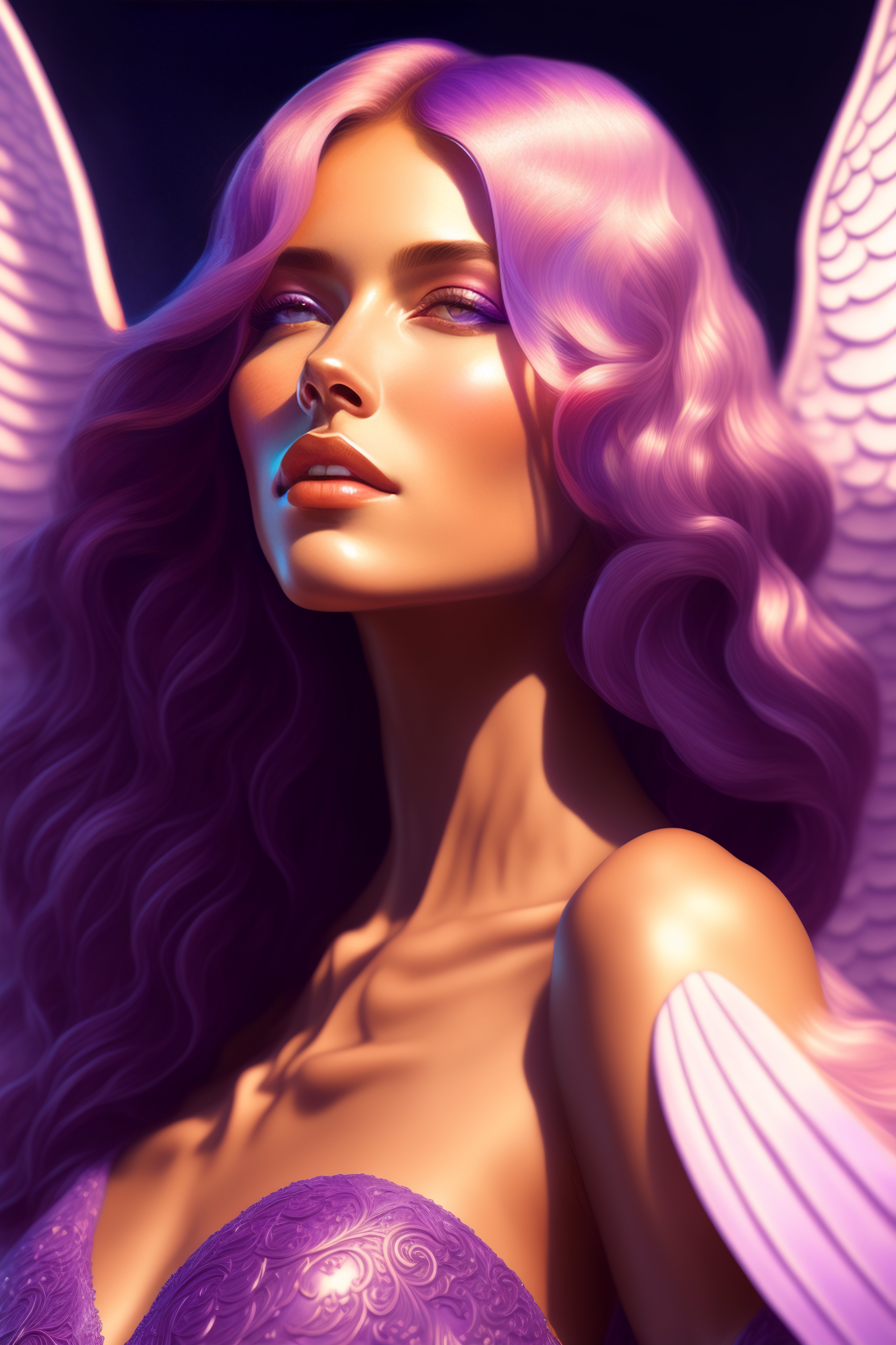 Lexica - Seraphine, purple, angel, beautiful, photorealistic, kiss,  angelic, beautiful, intricate, cinematic lighting, highly detailed, digital  pain...