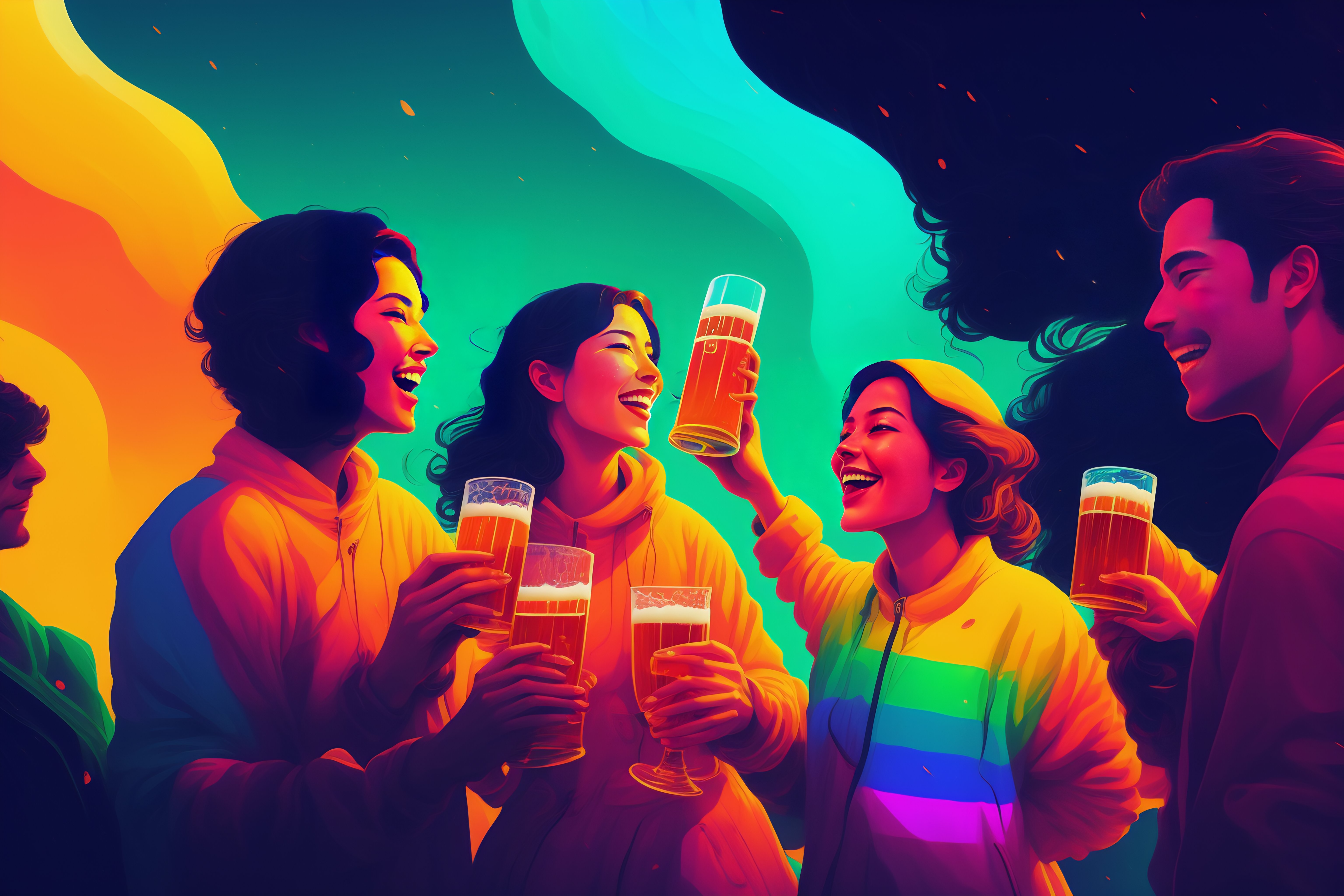 Lexica - Friends cheer with beer in a bar, rainbow colors, abstract art ...