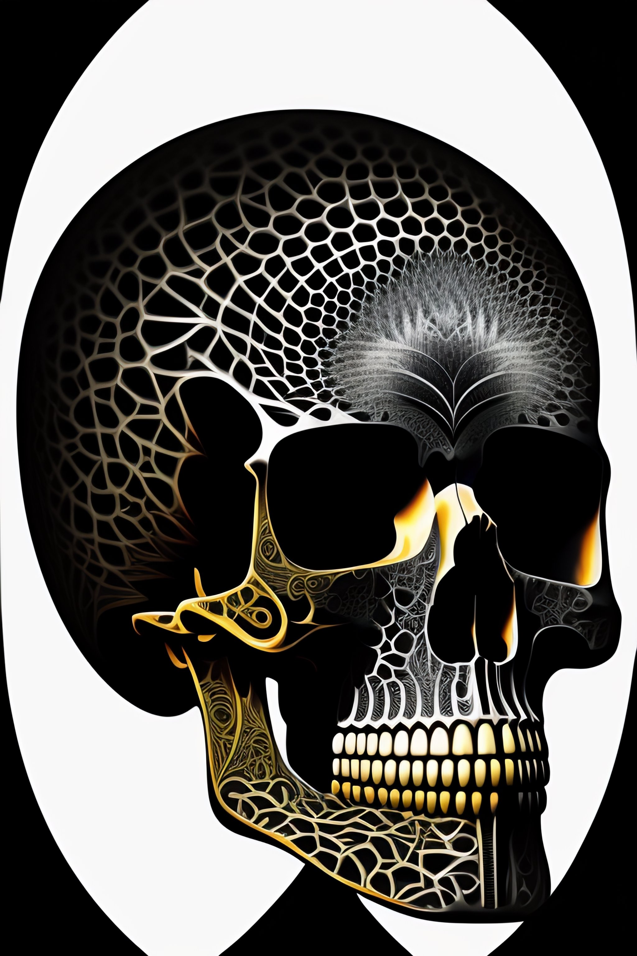 Lexica - Skull, black and white, Alex Grey, fractal, vector, complex, retro