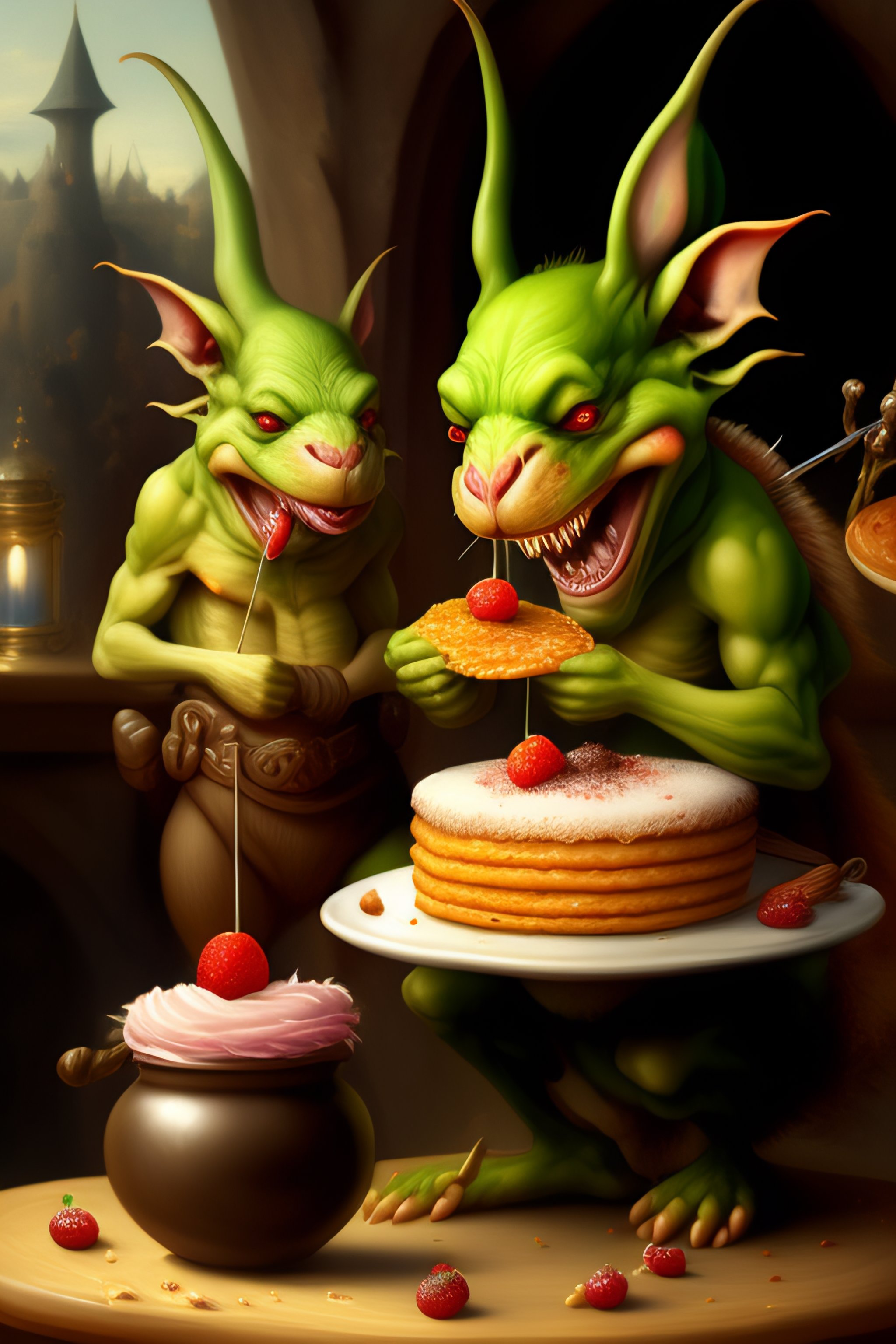 Image showcasing Lexica - Goblin eating cakes painted by hieronymus bosch, detailed ...