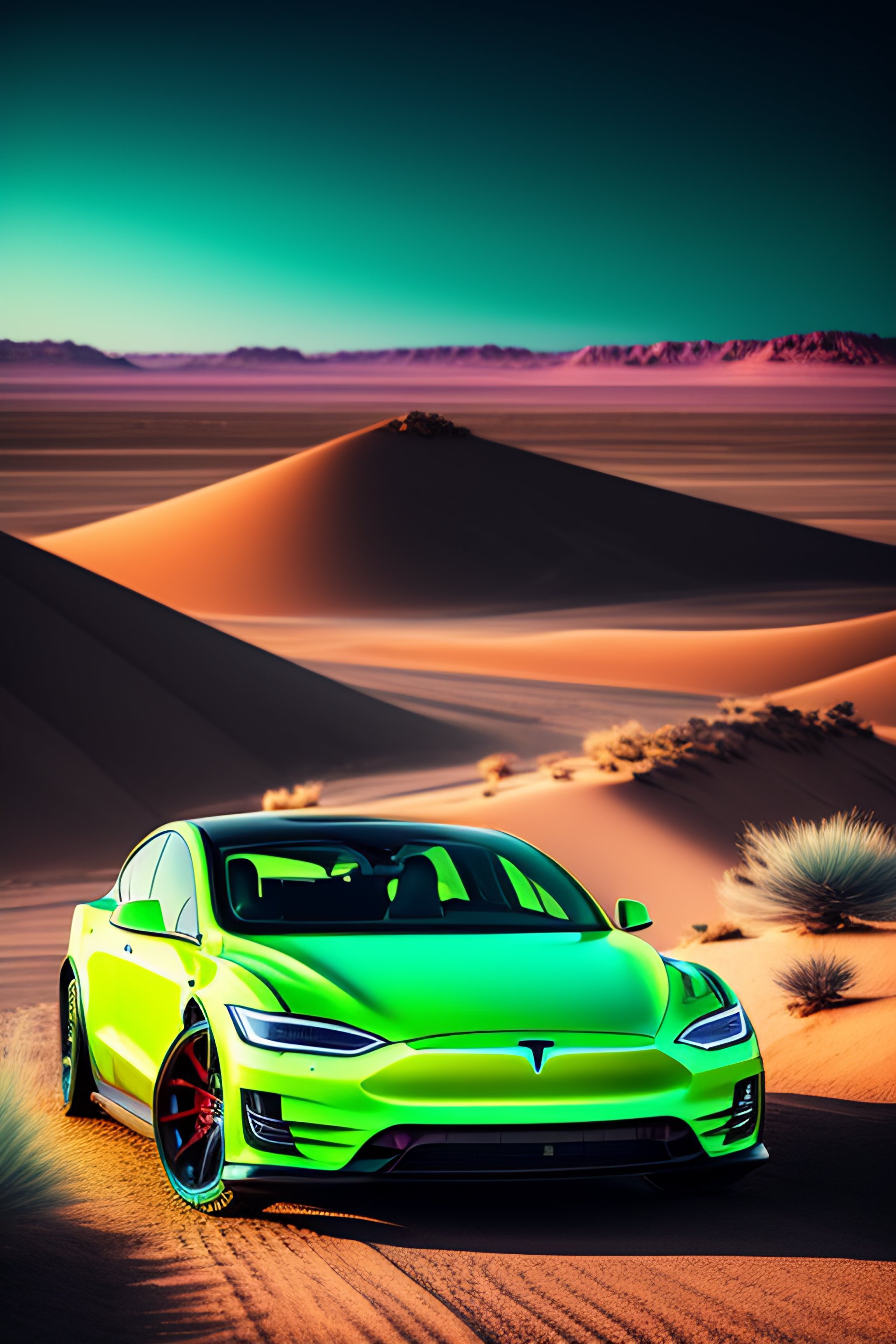 Lexica - Ultra hd! editorial, neon green and chrome tesla in the desert ...
