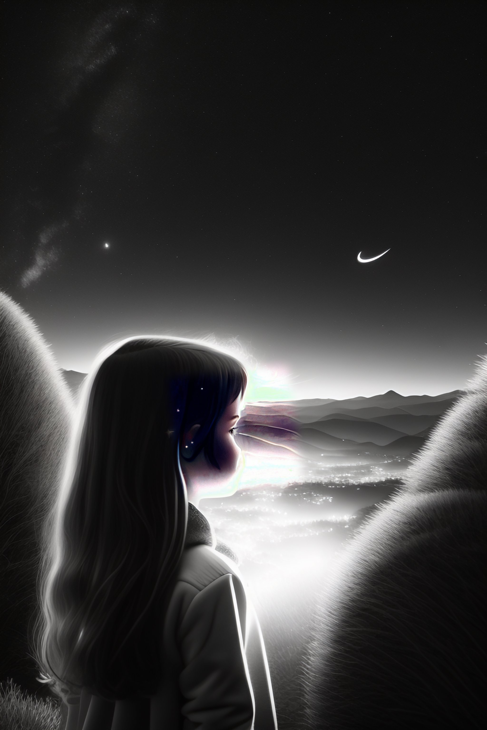 Lexica - Girl looking at the stars, black and white, logo,