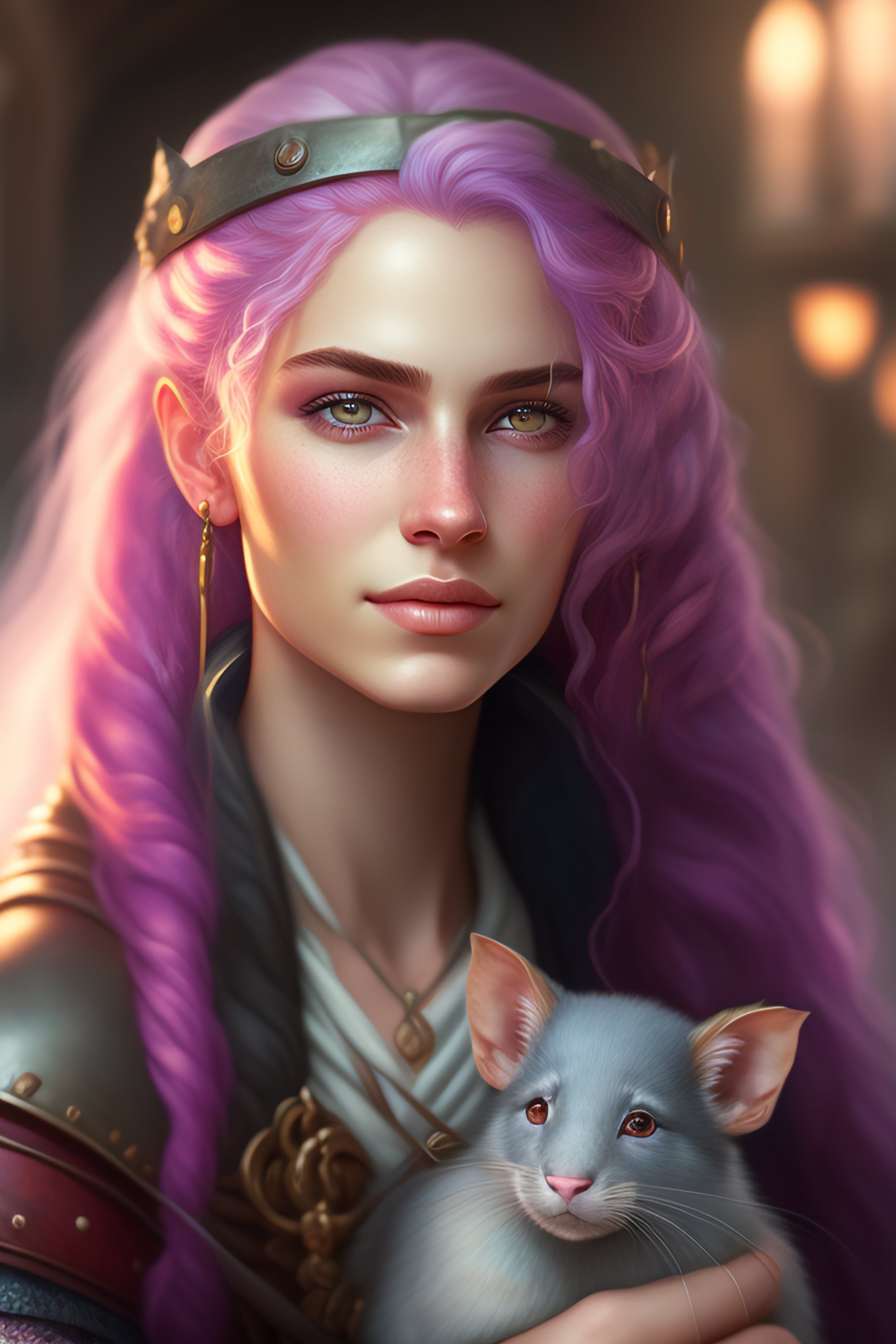 Lexica - Portrait of a girl with pink hair and gray eyes holding a rat ...