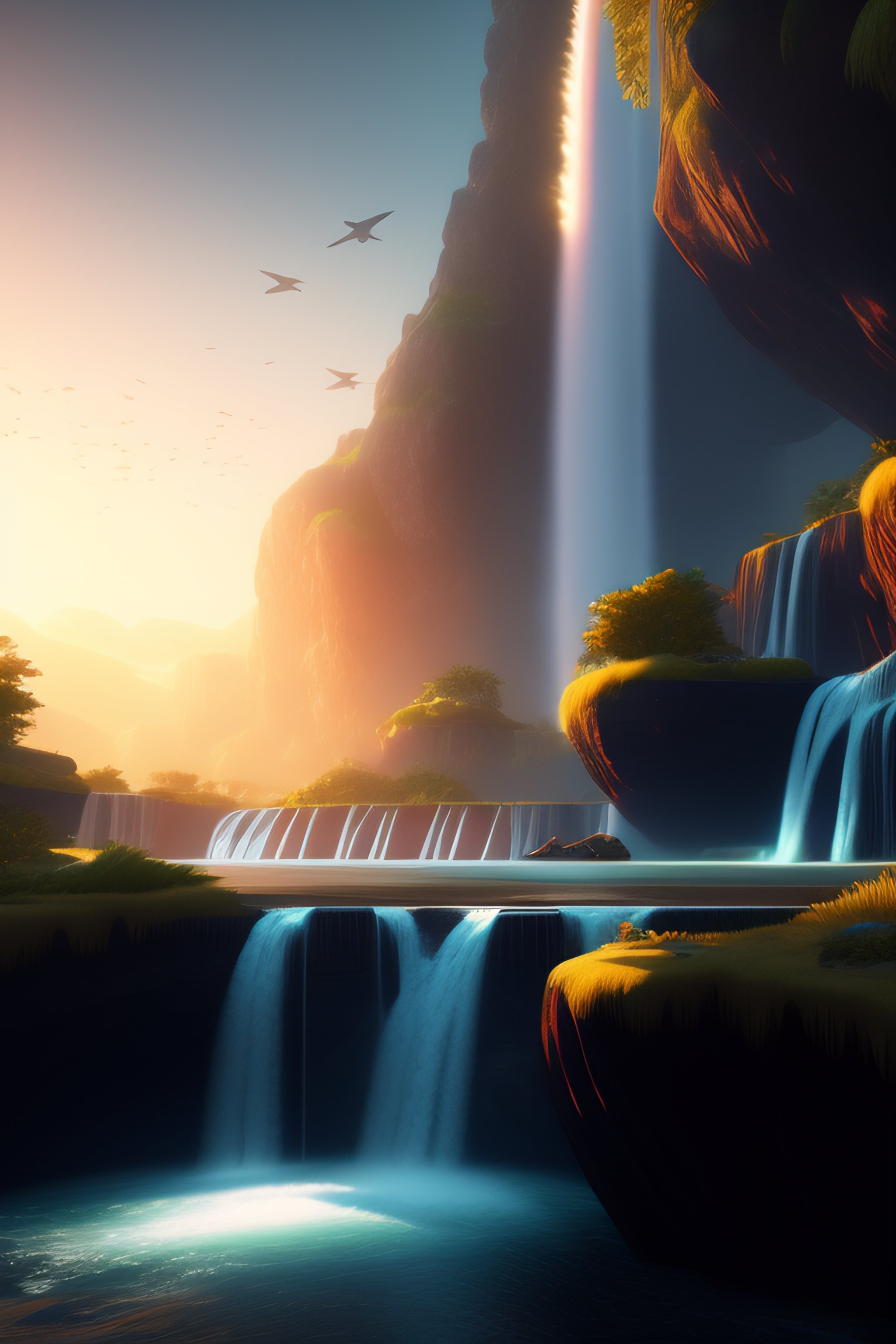 Lexica - Birds in the sky, waterfall close shot 35 mm, realism, octane ...