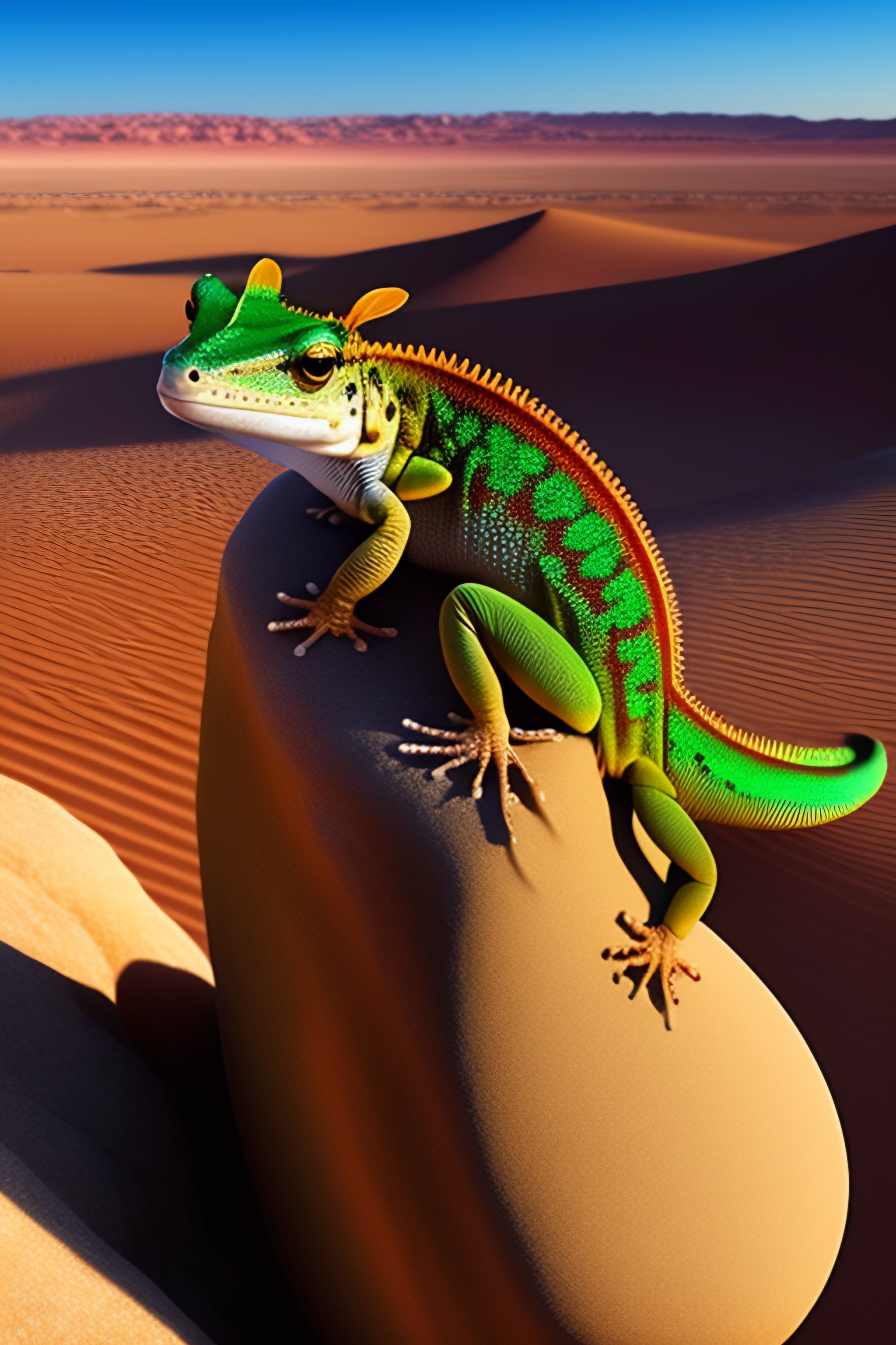 Lexica - Gecko on a rock in the desert, holding a sign 
