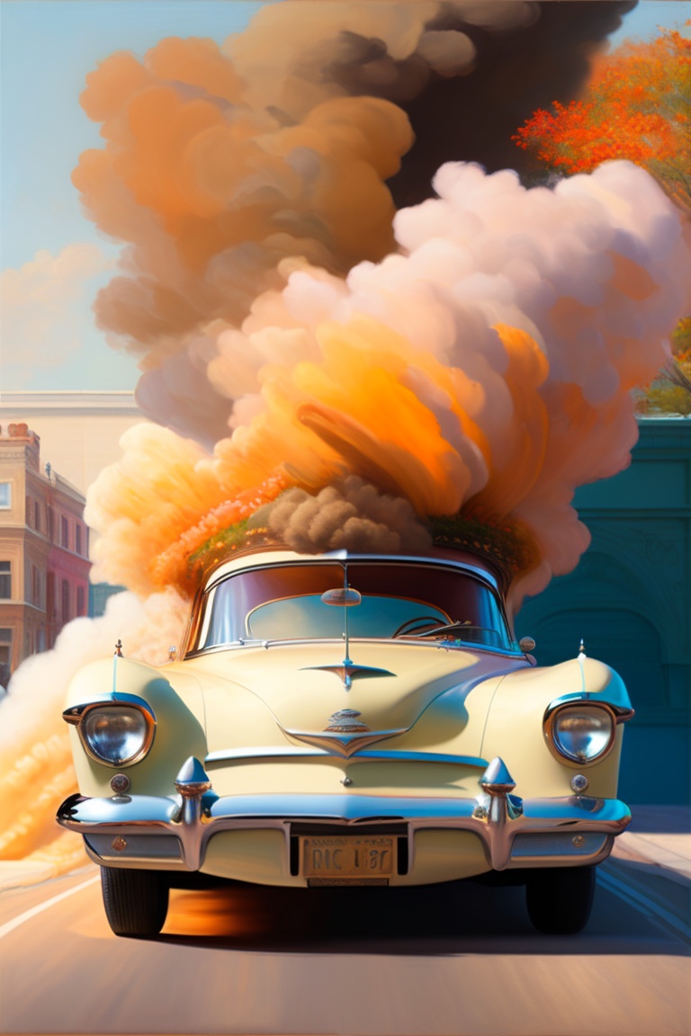 Lexica - Exploding car, a painting by norman rockwell, thick brush strokes