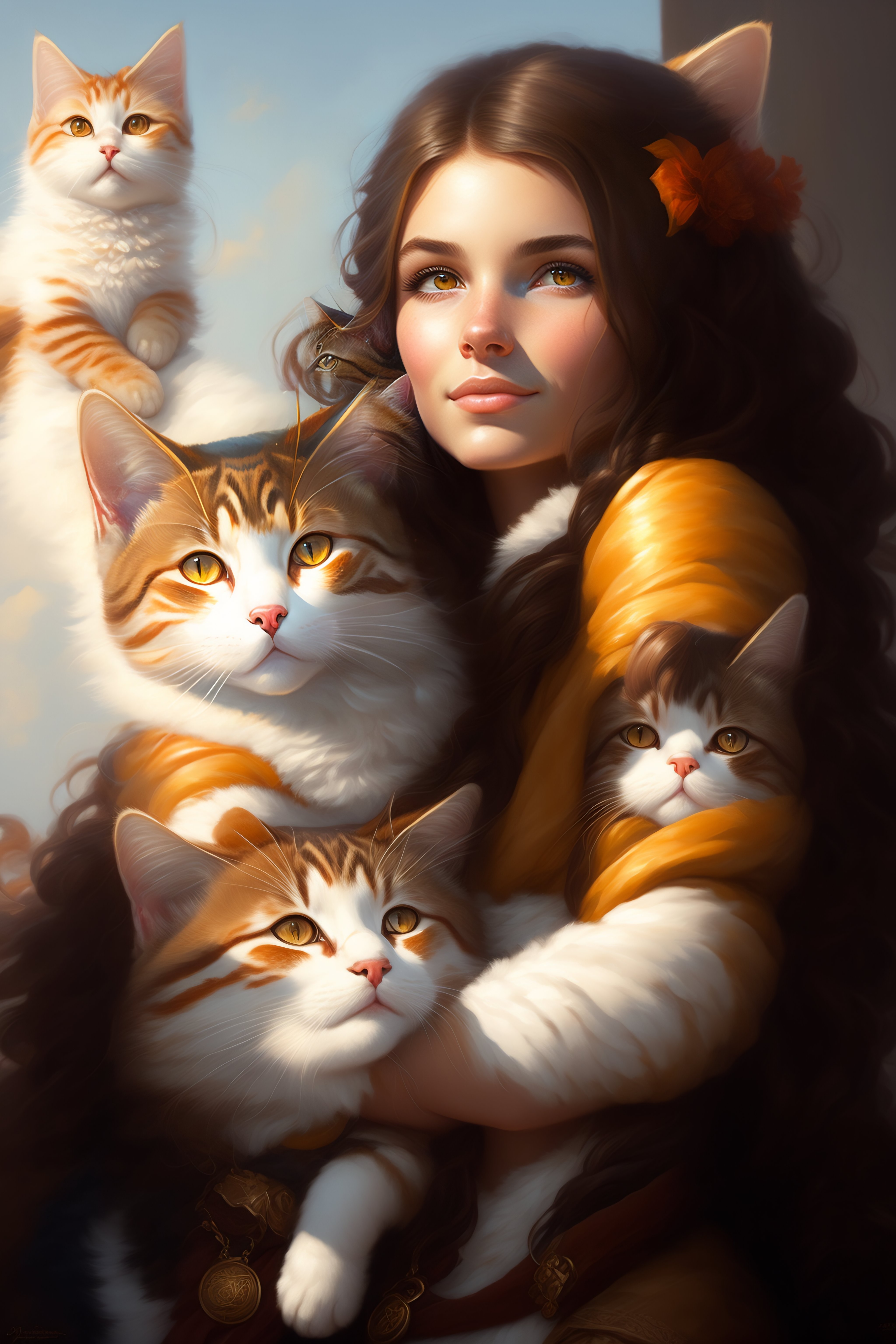Lexica - A detailed portrait of a cute brunette girl hugging a tabby ...