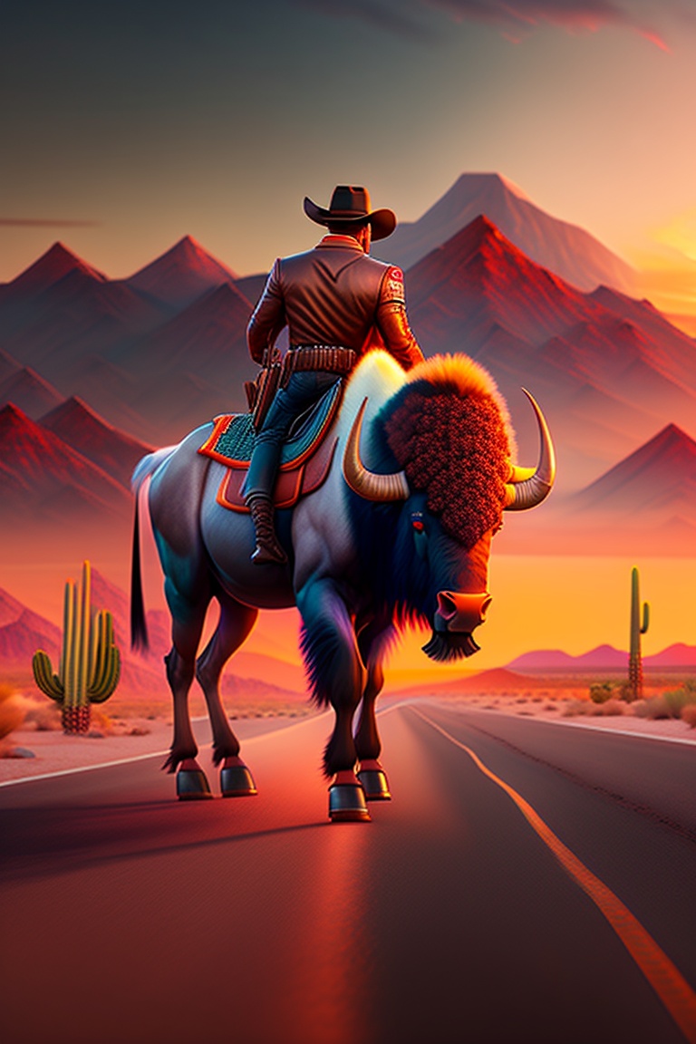 Lexica - A man on a bison, holding a bowl of noodles, riding on a ...