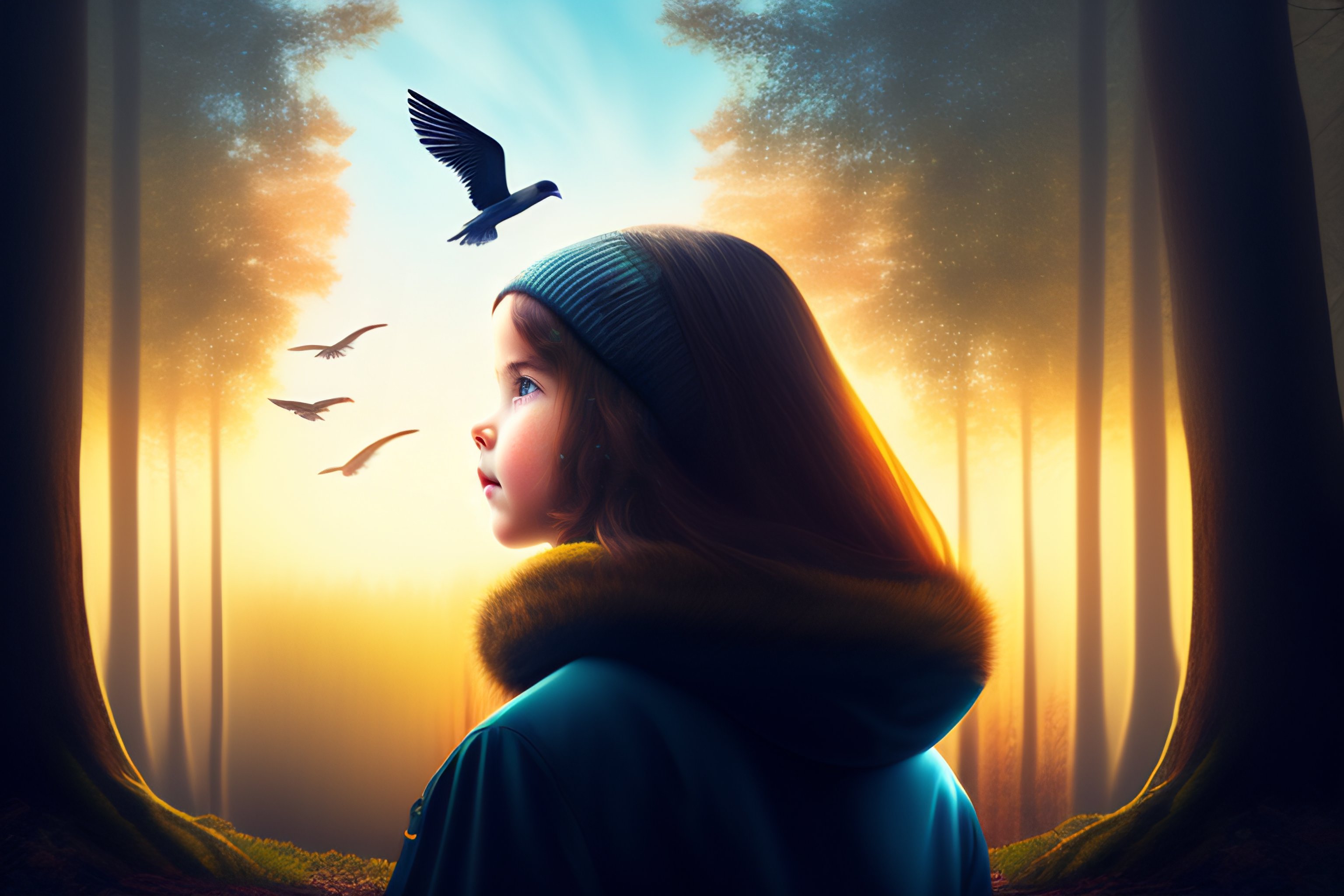 Lexica - Lovely girl in the woods looking into the sky birds
