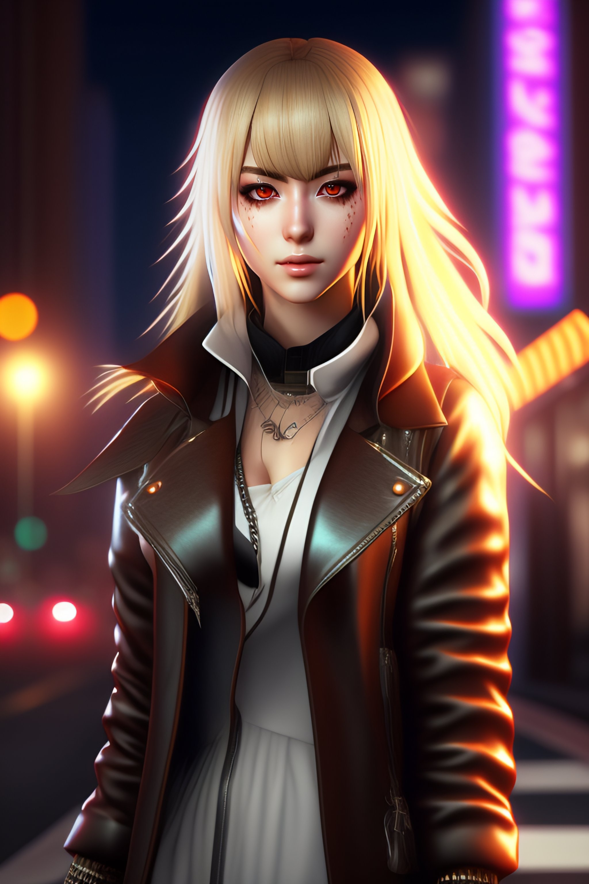 Lexica - Highly detailed outfit of Misa Amane from Death Note, blonde hair,  red eyes, on a sidewalk at night, underneath a streetlight, detailed text...