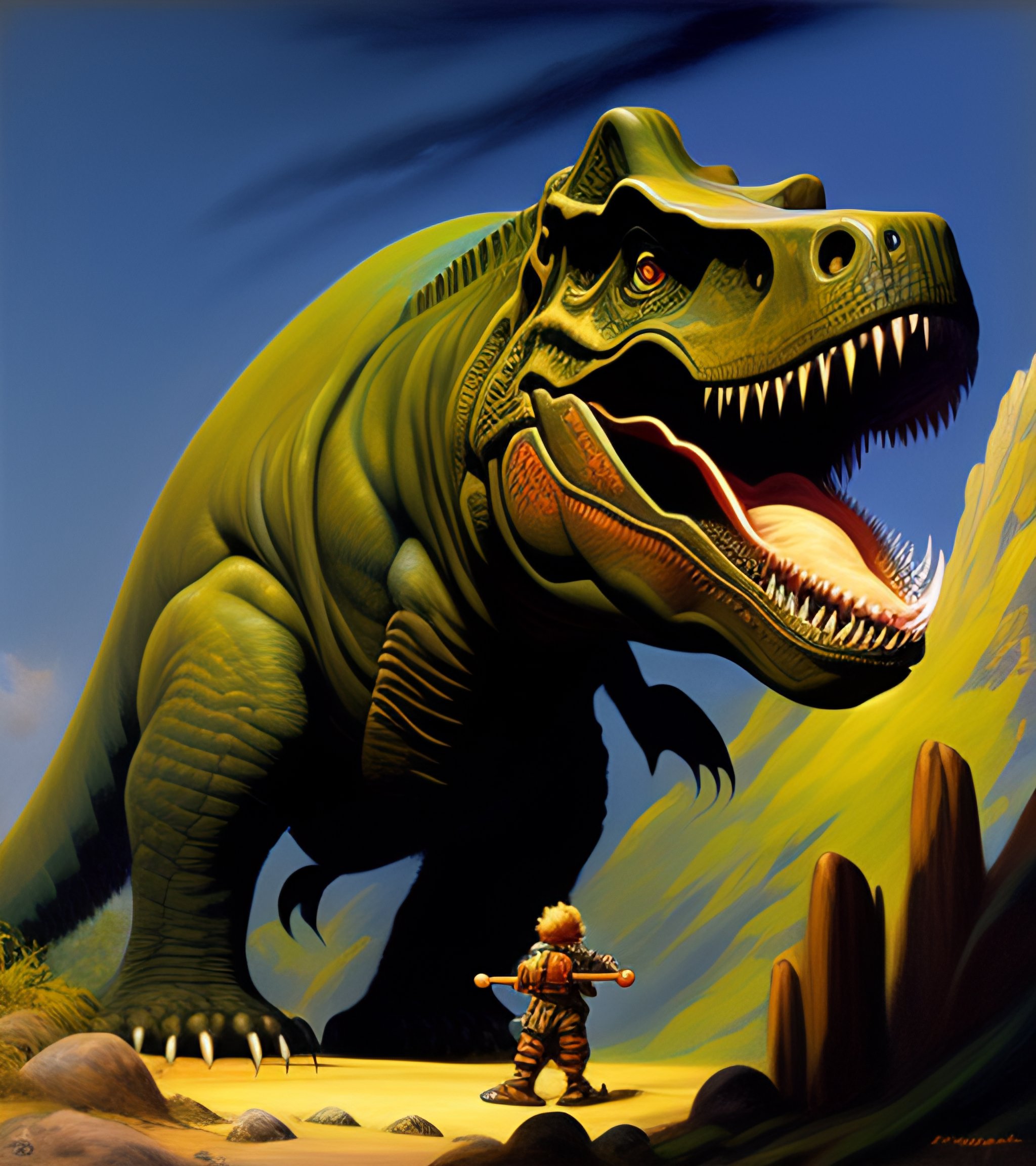 Lexica - Painting t rex and warrior boy jurassic park by frank frazetta