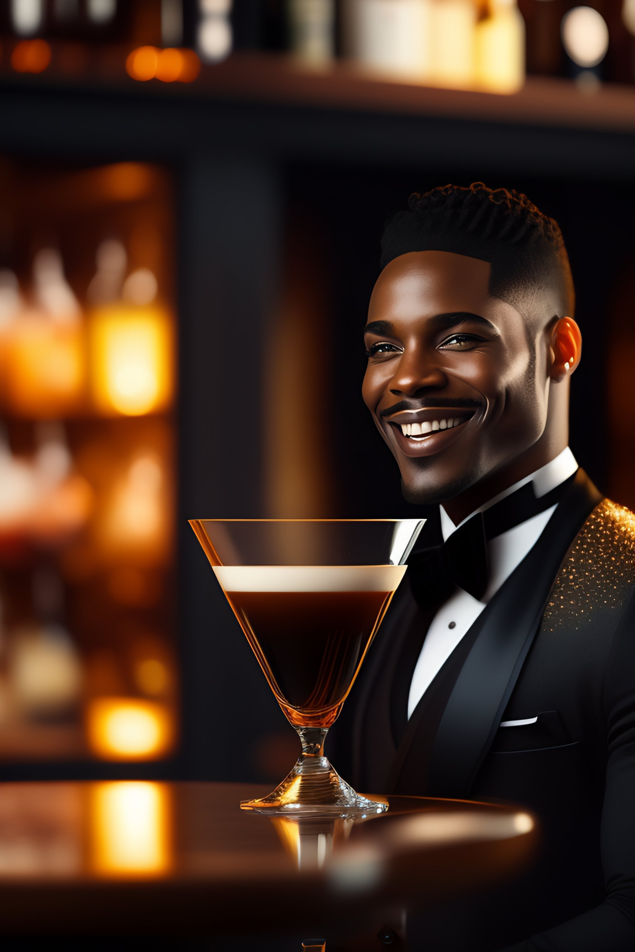 Lexica - Black bartender smiling wearing Chrome tuxedo, preparing