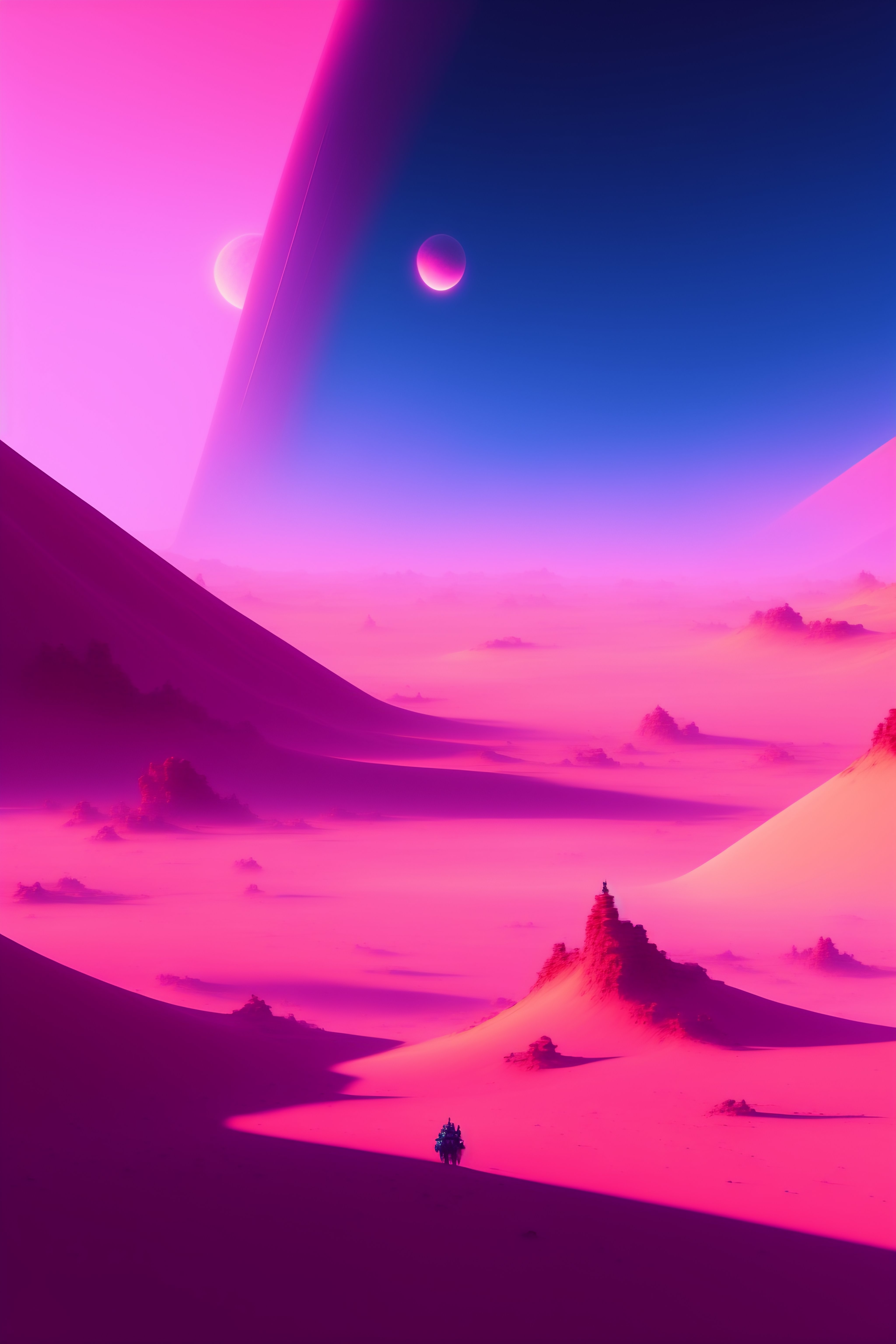 Lexica - A painting of a pink desert scene , blue sky, sunrise, concept ...