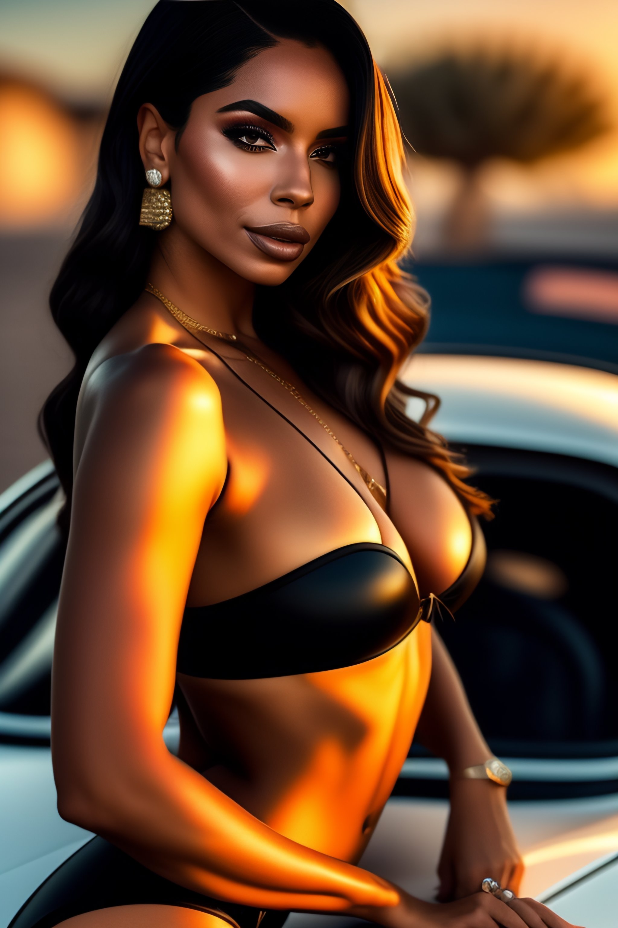 Lexica - Anitta in black bikini Bigboobs sitting on black vintage porche  infront of a diner at sunset