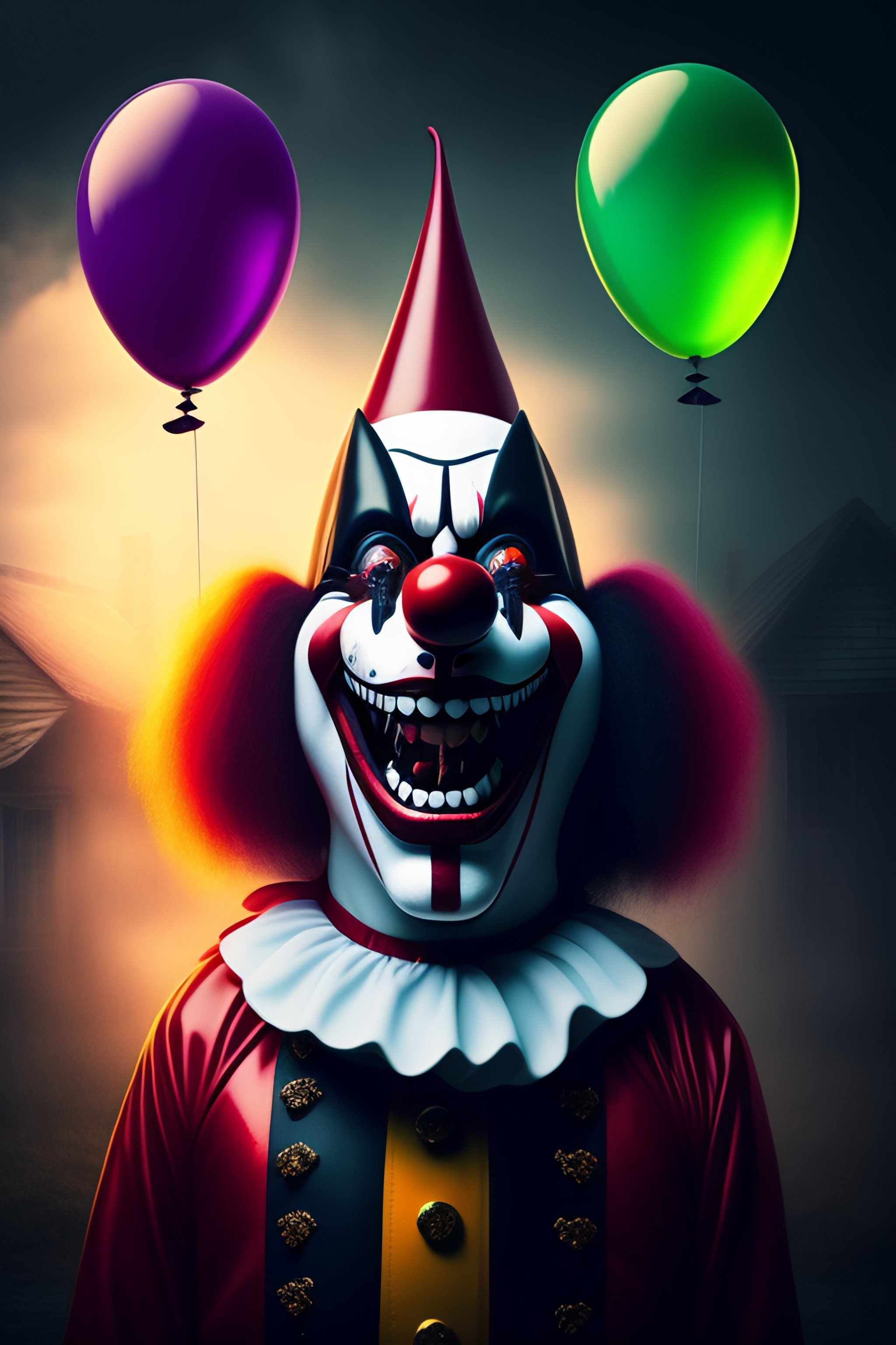 Lexica Scary horror clown, haunted house, balloons, 8k, UHD, detailed