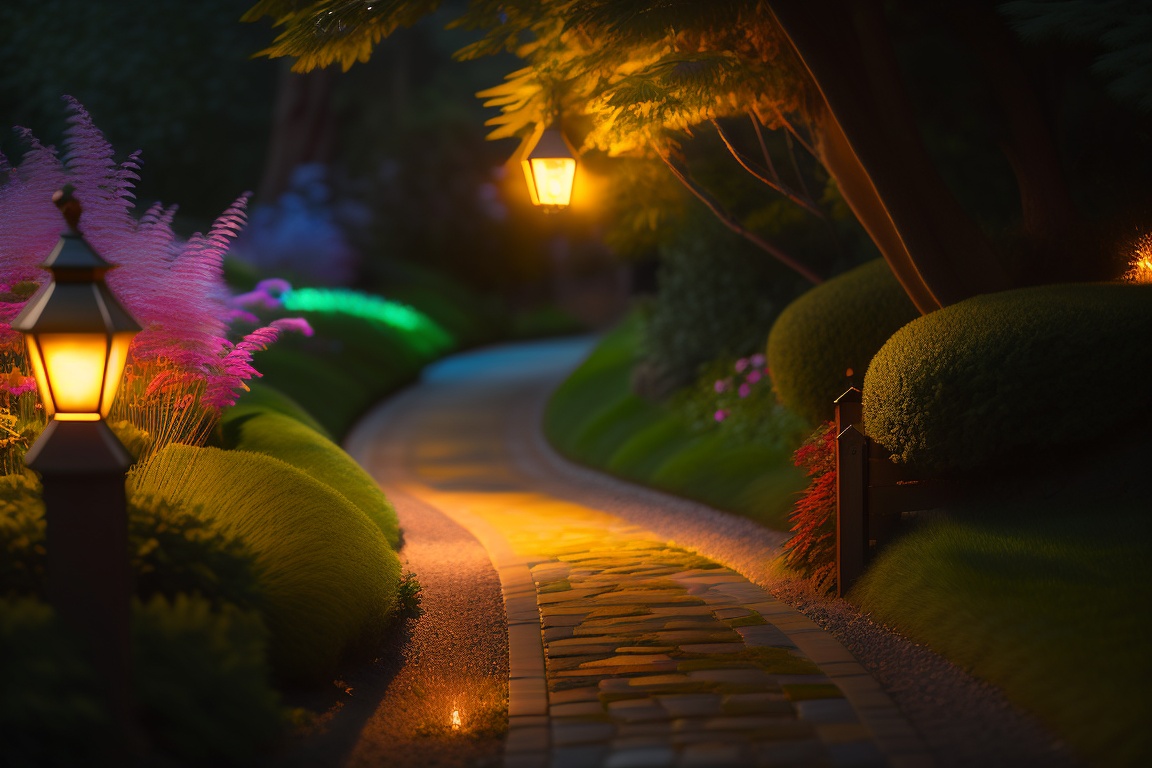 Lexica - A picturesque garden pathway illuminated by soft, warm ...