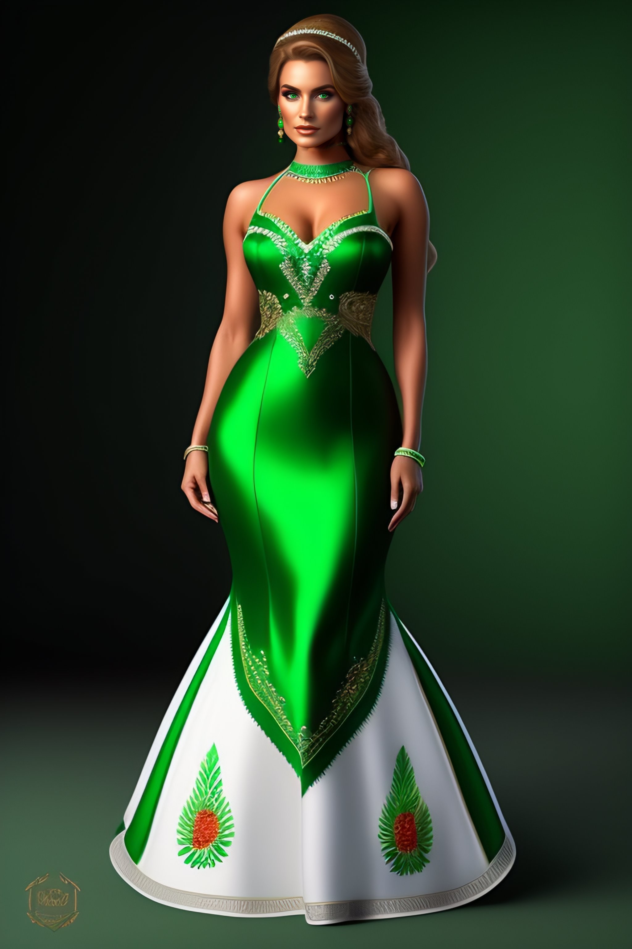 Lexica 8k hyperrealistic Irish barmaid in a beautiful green dress, beaded embroidered white